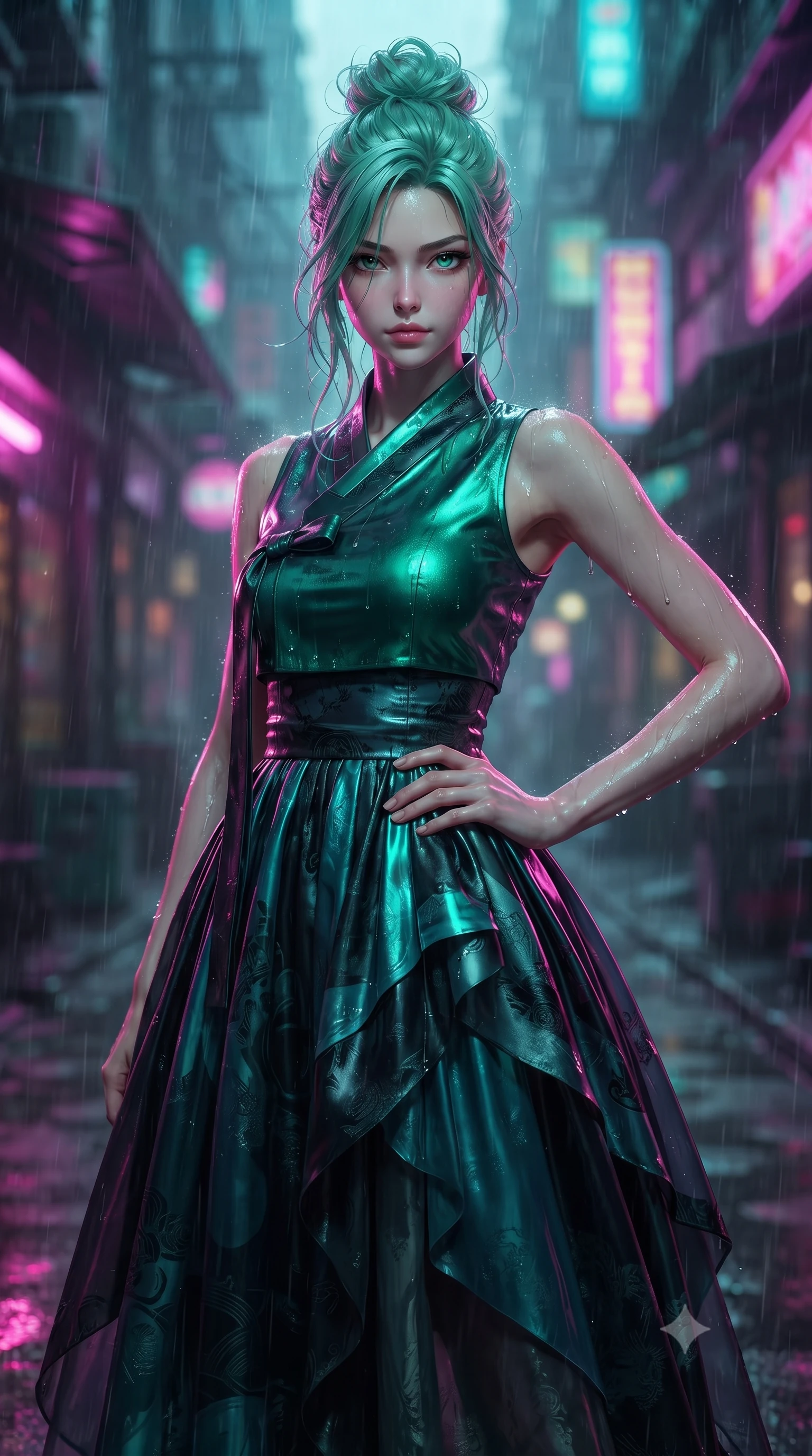 score_9, masterpiece, best quality, ultra-detailed, high-budget anime keyframe, editorial fashion photography, tasteful artistic composition, Japanese woman woman. close-up cowboy shot from the waist and thighs up, the character dominates the composition, filling the frame with her large presence, background elements kept in soft focus. She has an exceptionally elegant, slender, and willowy female figure with an ultra-slim waist, a gracefully sculpted slender torso, and a refined silhouette. holding a confident power pose with one hand on her hip, looking directly into the camera with quiet self-assurance, flawlessly proportioned anatomical accuracy, natural body alignment, perfectly sculpted elegant limbs, clean dynamic posture without body distortion. set against a soft-focus background of a cyberpunk alley with wet asphalt reflecting rain. wearing a modern fusion silk hanbok dress with a structured emerald bodice and flowing layered skirt. drenched in wet neon reflections of magenta and turquoise casting glossy specular highlights. ultra-reflective glossy finish, specular highlights, metallic sheen, high-contrast stereoscopic depth, volumetric dynamic lighting, 2k, ultra detail, master piece, 9:16 ratio
