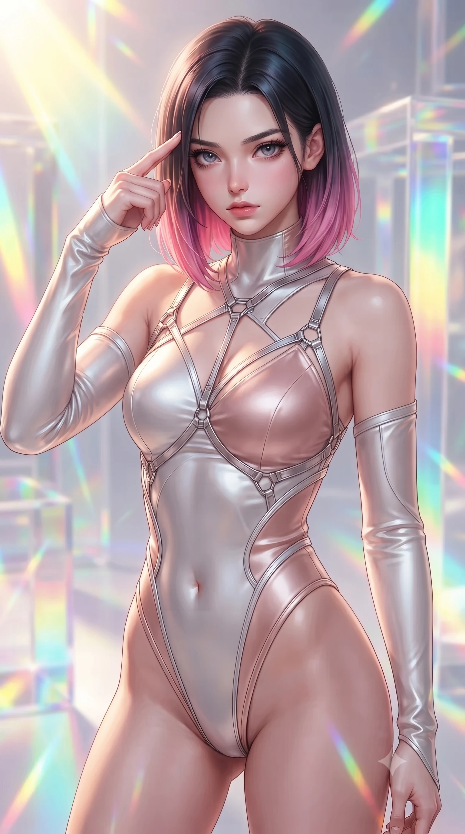 score_9, masterpiece, best quality, ultra-detailed, high-budget anime keyframe, editorial fashion photography, tasteful artistic composition, Korean woman. close-up cowboy shot from the waist and thighs up, the character dominates the composition, filling the frame with her large presence, background elements kept in soft focus. Pressing two fingers to her temple in a composed, sharp thoughtful gesture, navigating a prism maze with infinite light reflections scattering into rainbow spectrums, prismatic light trails shifting from lemon yellow to turquoise and magenta. She has an exceptionally elegant, slender, and willowy female figure with an ultra-slim waist, a gracefully sculpted slender torso, and a refined silhouette. sharp v-shaped jawline, high-bridge nose, intricate jewel-like eyes with depth, thick eyelashes, glossy lips with a natural sheen. wearing asymmetric high-cut cyber-bodysuit with detached sleeves in pearl white in metallic silver, made of soft rose-gold satin, highlighted by a platinum metallic harness structure, sculpting her athletic slender build with refined precision. illuminated by brilliant multi-color rainbow light refracting through glass prisms. highly saturated vibrant anime colors, detailed shading with soft gradients, rich glossy textures, high-contrast stereoscopic depth, volumetric dynamic lighting, master piece, 9:16 ratio