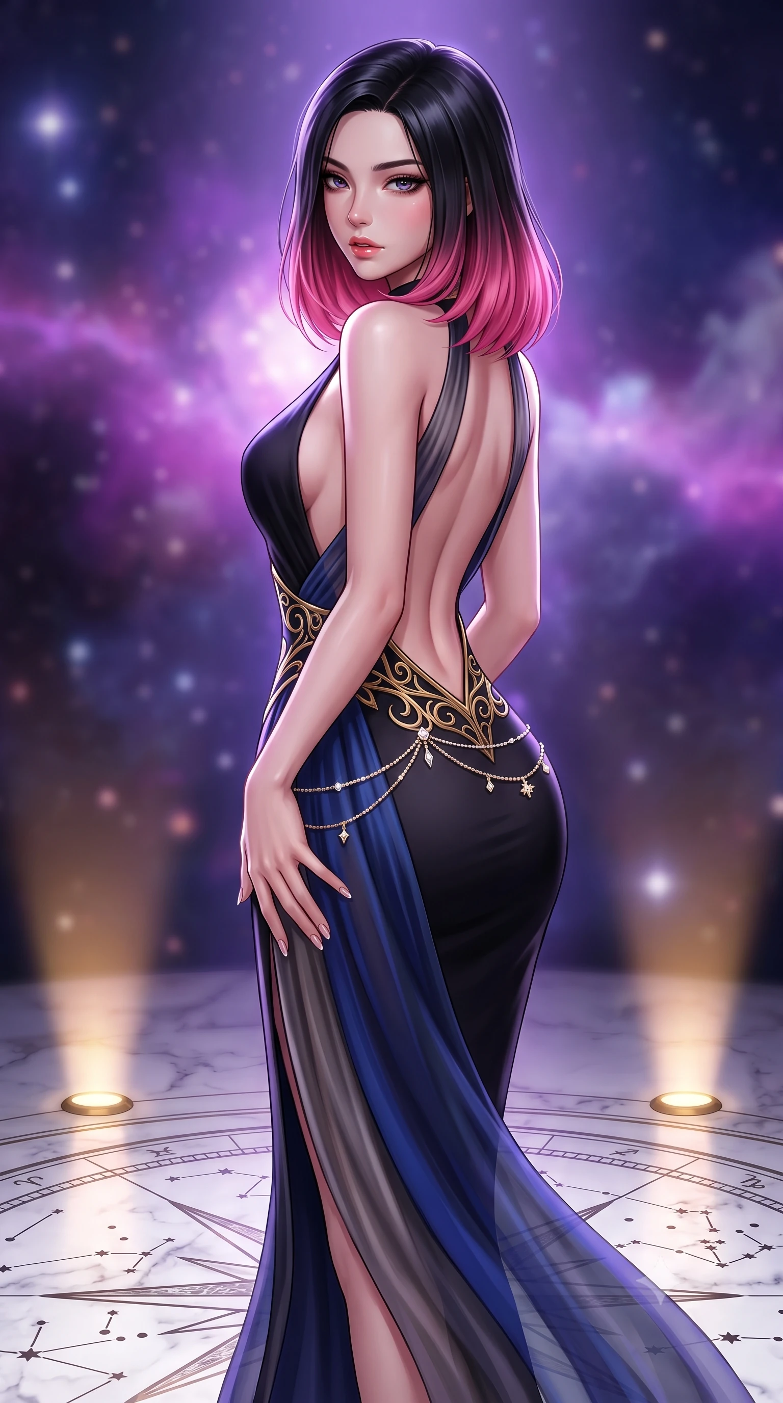 score_9, masterpiece, best quality, ultra-detailed, high-budget anime keyframe, semi-realistic 3D game render, editorial fashion photography, tasteful artistic composition, Korean woman. close-up cowboy shot from the waist and thighs up, the character dominates the composition, filling the frame with her large presence. resting one manicured hand delicately on her hip bone, her upper body turning in a fluid, seductive S-curve while parted lips glisten in the light while striding across the illuminated marble star-chart floor, hips swaying with sovereign cosmic empress charisma. The composition keeps background elements in soft focus with creamy bokeh. swirling violet and magenta nebula clouds and distant star clusters blurred into celestial indigo, pink, and diamond-white bokeh. She has an exceptionally elegant, slender, and willowy female figure with an ultra-slim waist, a gracefully sculpted slender torso, toned flat midriff, and rounded feminine hips creating an alluring hourglass silhouette. sharp v-shaped jawline, high-bridge nose, intricate jewel-like eyes with depth, thick eyelashes, glossy parted lips with a natural sheen, intensely captivating and seductive bedroom-eyes expression, flawlessly proportioned anatomical accuracy, strict slender model proportions, natural body alignment, perfectly sculpted long slender limbs, ultra-slim waistline, clean dynamic posture without body distortion. wearing a sleek obsidian column dress with gold filigree hip cincher and plunging backline in deep sapphire blue and brushed dark platinum, woven from layered gossamer chiffon with a weightless sweeping drape, accented with a dainty diamond hip chain framing her feminine curves, the dramatically scooped open back descending to the base of her spine, accentuating her razor-sharp statuesque lines and curvy hourglass silhouette. bathed in cool violet nebula glow from above and warm golden brass indicator uplights. highly saturated vibrant anime colors, detailed shading with soft gradients, rich glossy textures, high-contrast stereoscopic depth, volumetric dynamic lighting, master piece, 9:16 ratio