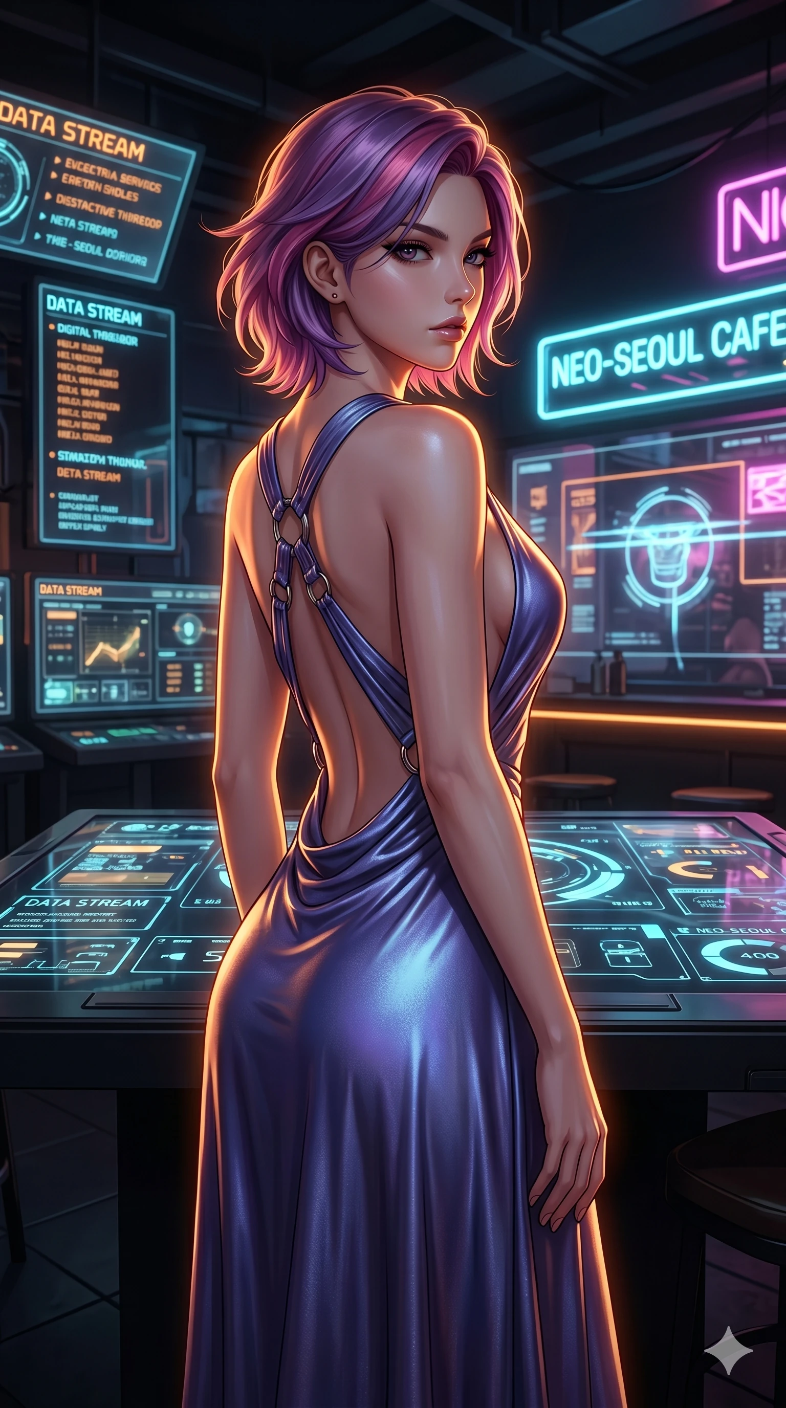 score_9, masterpiece, best quality, ultra-detailed, high-budget anime keyframe, editorial fashion photography, tasteful artistic composition, Caucasian woman, strictly human ears. cowboy shot from the thighs up, character and outfit filling the frame for maximum editorial presence. Casting a confident sidelong glance, her profile silhouetted against the bright background within a cyber-punk cafe with interactive digital tabletop displays. She has an absolutely perfect 8-heads proportion, an exceptionally tall and slender female figure with impossibly long slender legs and an ultra-slim waist. V-shaped jawline, high-bridge nose, intricate jewel-like eyes with depth, thick eyelashes, glossy lips with a natural sheen. wearing a draped Grecian-style dress in metallic blue-violet silk with an open back and metal ring fasteners. drenched in warm amber cinematic rim lighting that traces every contour of her silhouette against the dark. 2k, ultra detail, master piece, 9:16 ratio