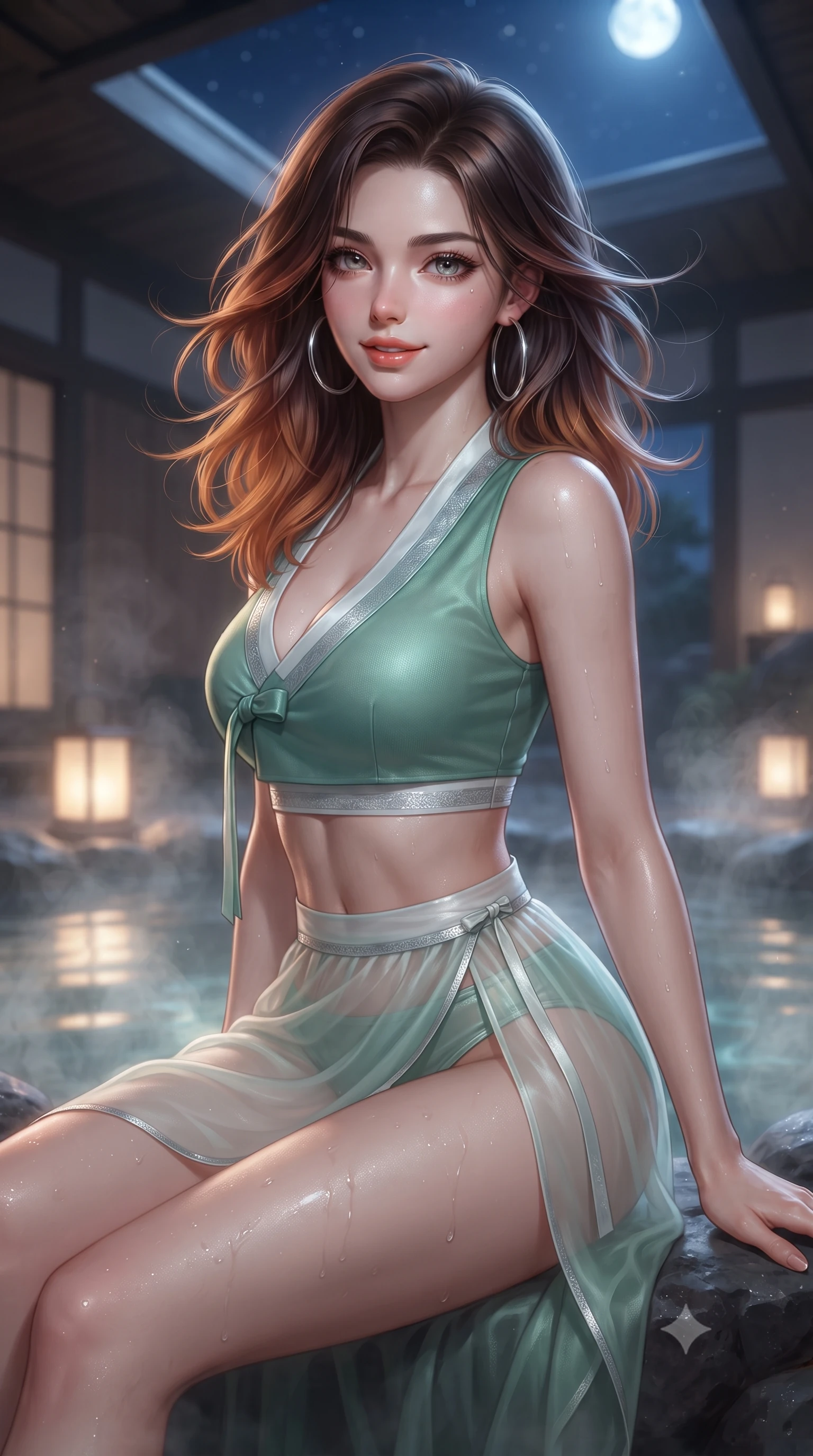score_9, masterpiece, best quality, ultra-detailed, high-budget anime keyframe, editorial fashion photography, tasteful artistic composition, Korean woman. close-up cowboy shot from the waist and thighs up, the character dominates the composition, filling the frame with her large presence. turning slowly with an enchanting smoldering smile, her glossy hair tossing in the breeze as her hips angle gracefully in a captivating contrapposto while sitting on the smooth volcanic rock rim of the steaming bath, arching her spine with breathtaking wet-look siren grace. The background shows a soft-focus submerged lantern glows softened in tranquil private bathhouse shallow focus. She has an exceptionally elegant, slender, and willowy female figure with an ultra-slim waist, flat toned midriff, narrow ribcage, and sculpted feminine hips creating an alluring, slim hourglass silhouette without bulk. sharp v-shaped jawline, high-bridge nose, sparkling eyes with hypnotic seductive depth, thick curled eyelashes, glossy parted lips with a natural dewy peach sheen, alluring bedroom-eyes with an enchanting coquettish smile, exuding magnetic siren charisma and sophisticated glamour, flawlessly proportioned anatomical accuracy, strict slender model proportions, natural body alignment, perfectly sculpted long slender limbs, ultra-slim waistline, clean dynamic posture without body distortion. wearing a plunging sweetheart-neckline silk jeogori crop top paired with an ultra-high-slit translucent chima wrap skirt and satin briefs in moonlit jade green and pure alabaster white with silver accents, tailored from fine ribbed modal knit with gentle elastic contouring and soft hand-feel, accented with oversized polished chrome hoop earrings catching the ambient neon glow, the liquid-tight tailored fabric clinging flawlessly to her narrow waist and rounded feminine hips, emphasizing every millimeter of her sculpted slim hourglass curves without any bulky heaviness. bathed in warm underwater pool illumination combined with celestial harvest moonlight from the open skylight. ultra-reflective glossy finish, specular highlights, rich textural contrasts, high-contrast stereoscopic depth, volumetric dynamic lighting, 2k, ultra detail, master piece, 9:16 ratio