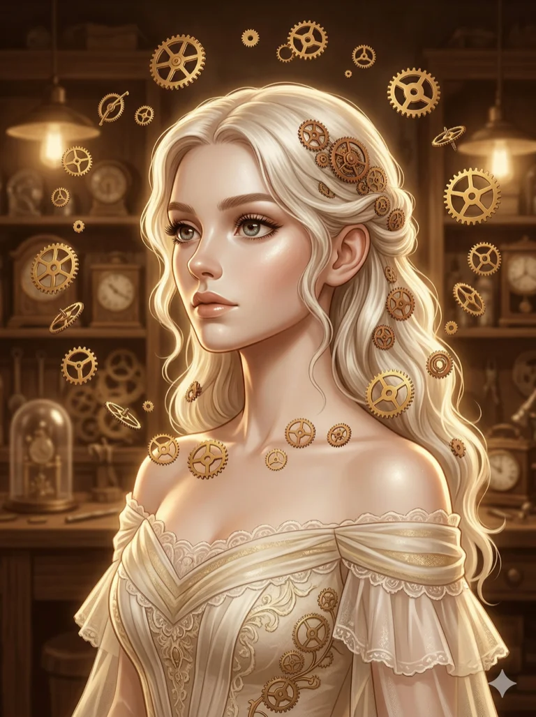 score_9, masterpiece, best quality, ultra-detailed, highend animation style, an incredibly beautiful ethereal Caucasian woman with flawless pale skin (strictly human ears). Close-up portrait filling more than half of the frame. She is a clockmaker's daughter who found a way to stop time, standing still as golden cogs float around her. She has an absolutely perfect petite and compact proportion, a petite female figure with a delicate skinny figure. Her face is a highly detailed masterpiece featuring a v-shaped jawline, high-bridge nose, intricate jewel-like eyes, thick eyelashes, and glossy lips. She has platinum blonde flowing hair with copper gears. She is wearing an off-shoulder sheer fabric dress, highlighting her alluring silhouette. Sepia-toned atmosphere with golden light, dramatic rim lighting, radiant glowing skin, cinematic dynamic light, 2k, ultra detail, master piece, 3:4 ratio