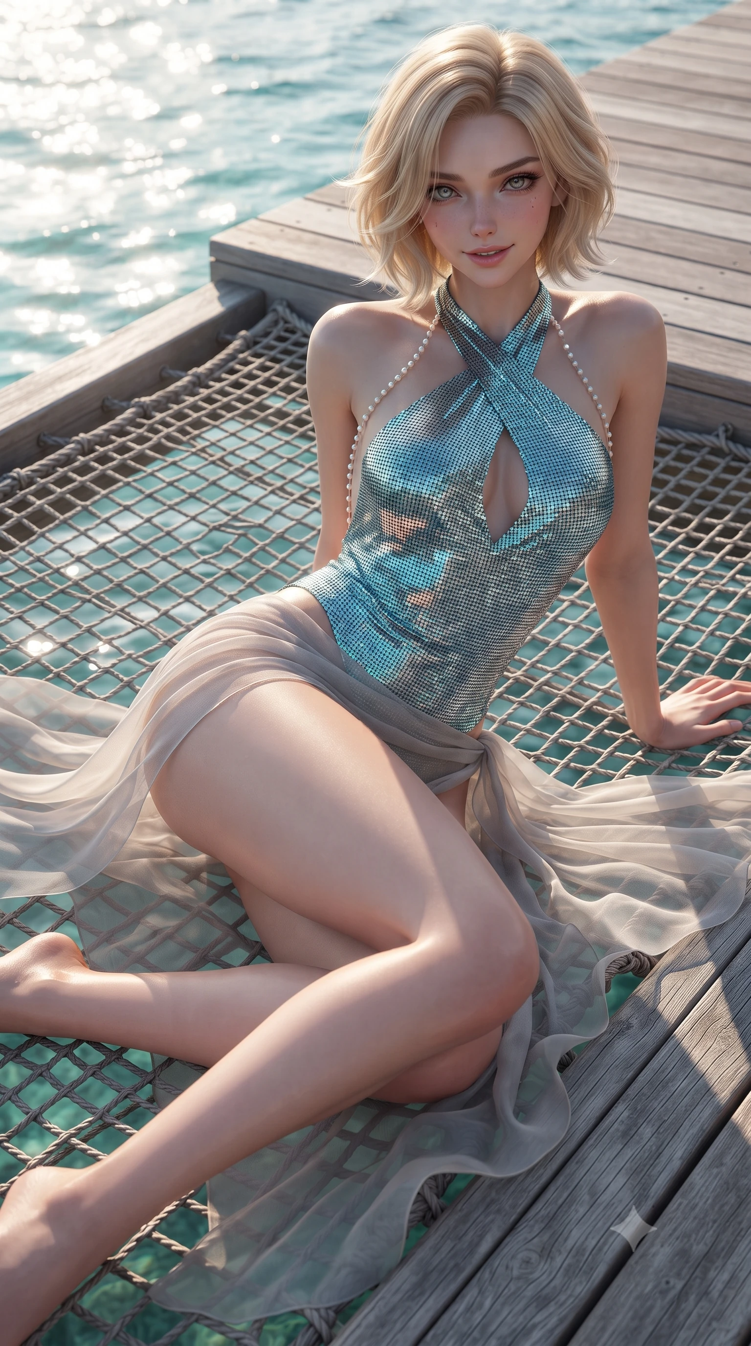 score_9, masterpiece, best quality, ultra-detailed, high-budget anime keyframe, editorial fashion photography, tasteful artistic composition, Caucasian woman. close-up cowboy shot from the waist and thighs up, the character dominates the composition, filling the frame with her large presence. perched sideways on the lounge seat, one knee drawn up to showcase her slender leg line while her arched back accentuates her feminine hip curve while twisting her slender torso in an alluring S-curve, warm equatorial ocean breezes fluttering her sheer wrap around her long slender legs and curvy hips. The surrounding environment is rendered in vivid detail and crisp panoramic clarity: sharp high-tension woven netting cordage, weathered silver-grey teak boardwalk texture, and clear water meniscus in deep focus. She has an exceptionally elegant, slender, and willowy female figure with an ultra-slim waist, flat toned midriff, narrow ribcage, and sculpted feminine hips creating an alluring, slim hourglass silhouette without bulk. sharp v-shaped jawline, high-bridge nose, sparkling eyes with hypnotic seductive depth, thick curled eyelashes, glossy parted lips with a natural dewy peach sheen, alluring bedroom-eyes with an enchanting coquettish smile, exuding magnetic siren charisma and sophisticated glamour, flawlessly proportioned anatomical accuracy, strict slender model proportions, natural body alignment, perfectly sculpted long slender limbs, ultra-slim waistline, clean dynamic posture without body distortion. wearing a criss-cross halterneck keyhole bodysuit with open back and sculpted waist darts in bioluminescent neon teal and starlight silver, crafted from shimmering fluid chainmail mesh reflecting ambient lights, accented with a pearl-drop body harness subtly framing her dewy collarbones and spine, the glove-like clinging cut tightly following the natural contour of her hips and long slender legs with youthful 8.5-heads elegance. illuminated by lagoon water surface specular highlights and sharp champagne-gold rim lights defining her delicate clavicles, ultra-slim waist, and curvy hips. ultra-reflective glossy finish, specular highlights, rich textural contrasts, high-contrast stereoscopic depth, volumetric dynamic lighting, 2k, ultra detail, master piece, 9:16 ratio