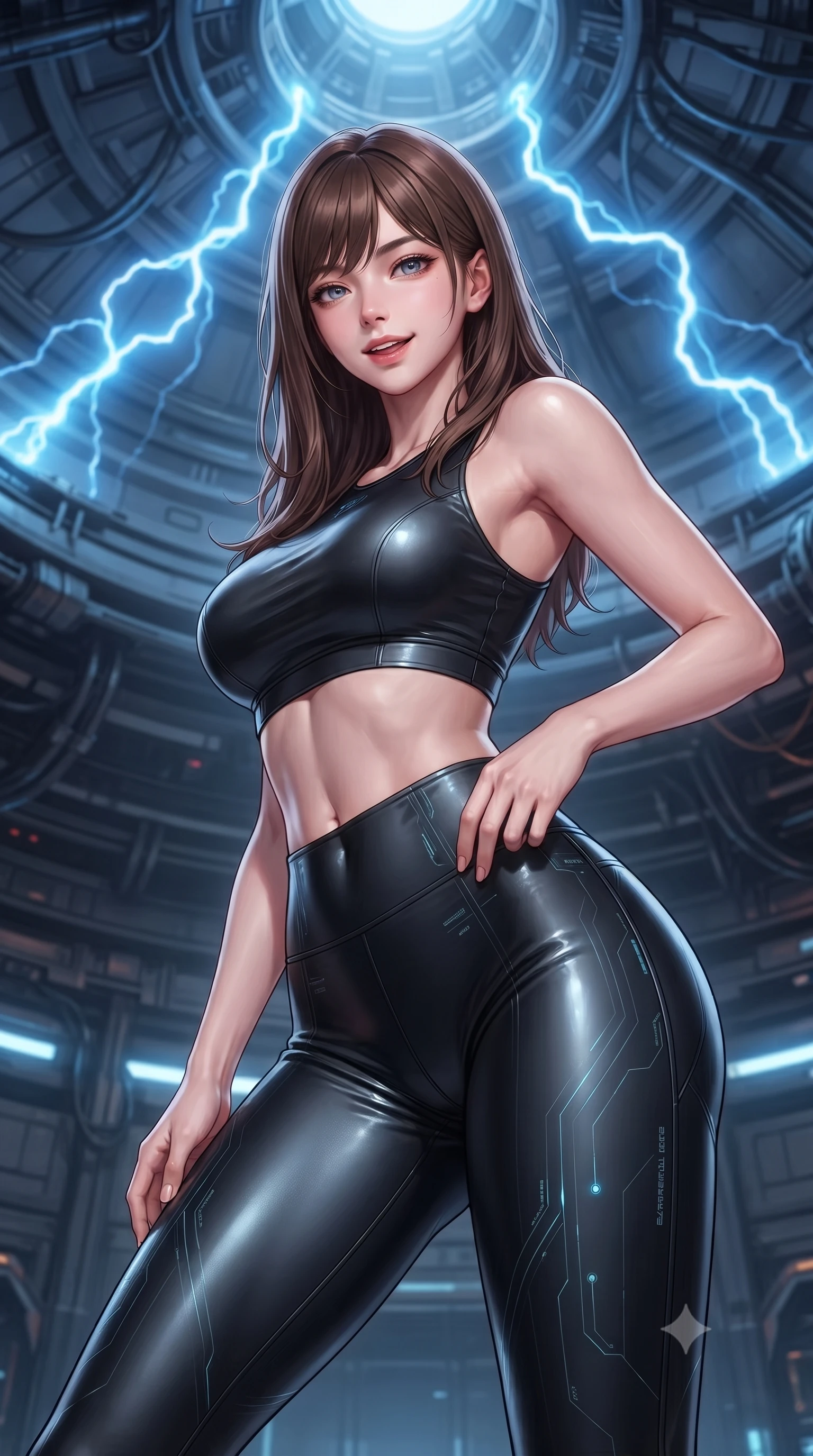 score_9, masterpiece, best quality, ultra-detailed, high-budget anime keyframe, editorial fashion photography, tasteful artistic composition, Korean woman. close-up cowboy shot from the waist and thighs up, the character dominates the composition, filling the frame with her large presence, background elements kept in soft focus. leaning slightly forward with a playful, teasing smile, her gaze locked onto the viewer with lips parted in a composed pose, the background shows a soft-focus a cybernetic combat dome with electric blue plasma arcs dancing on the ceiling. She has an exceptionally elegant, slender, and willowy female figure with an ultra-slim waist, a gracefully sculpted slender torso, and a refined silhouette. sharp v-shaped jawline, high-bridge nose, intricate jewel-like eyes with depth, thick eyelashes, glossy lips with a natural sheen. wearing a body-hugging form-fitting athletic crop top and matching high-waisted compression leggings in sleek carbon-black tech fabric. pulsing electric blue plasma arc lighting casting dynamic highlights from above. ultra-reflective glossy finish, specular highlights, metallic sheen, high-contrast stereoscopic depth, volumetric dynamic lighting, 2k, ultra detail, master piece, 9:16 ratio