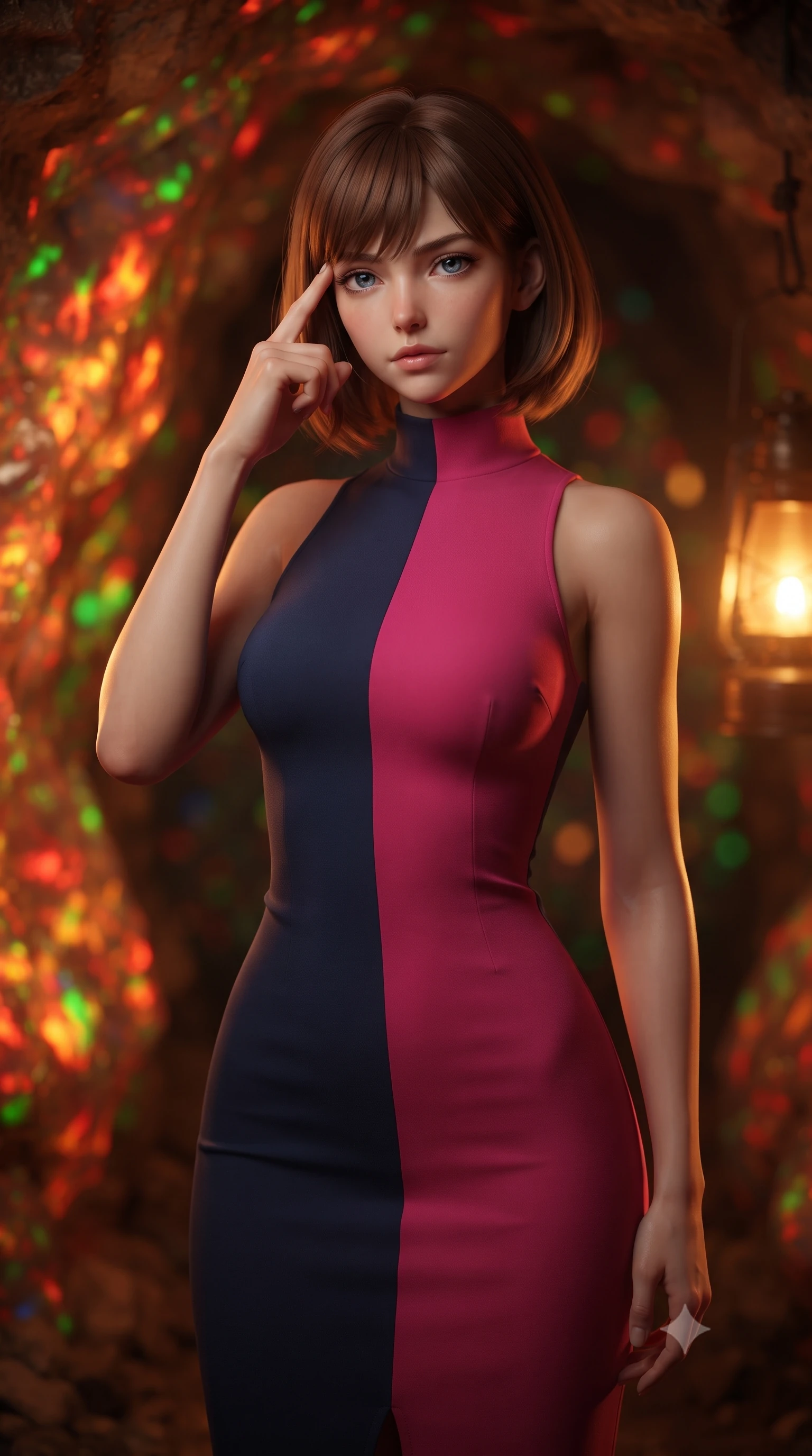 score_9, masterpiece, best quality, ultra-detailed, high-budget anime keyframe, editorial fashion photography, tasteful artistic composition, Caucasian woman, strictly human ears. close-up cowboy shot from the waist and thighs up, the character dominates the composition, filling the frame with her large presence, background elements kept in soft focus. Pressing two fingers to her temple in a composed thoughtful gesture. set against a soft-focus background of deep underground in a mine where the exposed walls are solid fire opal glowing with internal flame-like patterns of red orange and green precious play-of-color shimmering and shifting with viewing angle. She has an exceptionally elegant and slender, willowy female figure with an ultra-slim waist, a gracefully sculpted slender torso, and a refined slim physique. sharp v-shaped jawline, high-bridge nose, intricate jewel-like eyes with depth, thick eyelashes, glossy lips with a natural sheen. wearing a high-neck bodycon midi dress in a dual-tone of fuchsia and navy, sculpting her slender dancer frame with elegant lines. warm amber mining lamp light reflecting off the fire opal walls which seem to burn with their own internal fire in shifting patterns of red orange and green creating a gem-lit cavern. 2k, ultra detail, master piece, 9:16 ratio