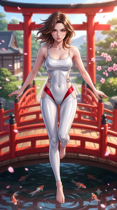 score_9, masterpiece, best quality, ultra-detailed, high-budget anime keyframe, semi-realistic 3D game render, editorial fashion photography, tasteful artistic composition, Korean woman. low angle full-body shot from head to toe showing her feet, fil