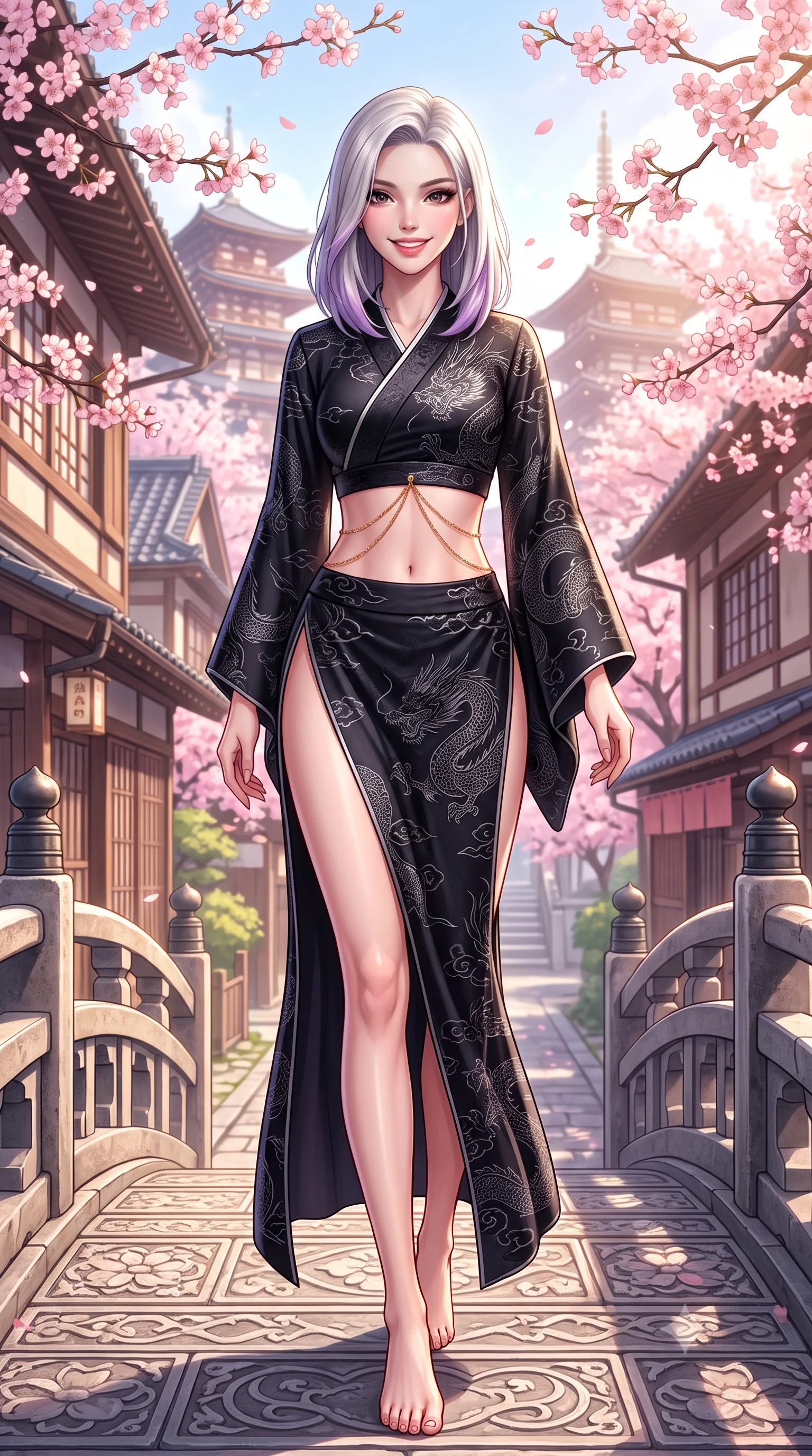 score_9, masterpiece, best quality, ultra-detailed, high-budget anime keyframe, semi-realistic 3D game render, editorial fashion photography, tasteful artistic composition, Caucasian woman. low angle full-body shot from head to toe showing her feet, filling the entire 9:16 vertical frame with her statuesque presence, stretching her vertical silhouette. stepping forward gracefully across the stone bridge in mid-motion with a radiant beaming smile, hips swaying in an alluring kinetic rhythm that accentuates her curvy hourglass silhouette and long slender legs while twisting her slender torso in an alluring S-curve in the spring breeze, her form-fitting modern kimono tracing her narrow waist and hips. The surrounding environment is rendered in vivid detail and crisp panoramic clarity: detailed silk kimono weave, spring sunburst highlights on hair, and traditional Yanaka architecture in razor-sharp precision. She has an absolutely perfect, statuesque 8.5-heads proportion, an exceptionally tall and slender model-like female figure with impossibly long slender legs, an ultra-slim waist, a flat toned midriff, narrow delicate ribcage, and beautifully sculpted feminine hips creating a graceful, slim hourglass silhouette without any bulky heaviness. sharp v-shaped jawline, high-bridge nose, intricate jewel-like dark sparkling almond eyes with depth, thick lashes, glossy parted lips with a natural rose-plum sheen, bright alluring and coquettish smile with bedroom-eyes, exuding both timeless oriental elegance and sovereign high-fashion allure, flawlessly proportioned anatomical accuracy, strict slender model proportions, natural body alignment, perfectly sculpted long slender limbs, ultra-slim waistline, clean dynamic posture without body distortion. wearing a form-contouring high-neck modern cheongsam mini dress in midnight black jacquard silk with daring double side hip slits in stark monochrome black and white ink contrast, made of rich jacquard silk with intricate embossed dragon and cloud motifs, accented with a delicate gold body chain draping loosely across her flat midriff, the high-waisted wrap tailoring accentuating her ultra-slim waistline and the enchanting curve of her feminine hips with alluring oriental charm. bathed in warm, soft spring afternoon sunlight filtering through pink blossom branches. highly saturated vibrant anime colors, detailed shading with soft gradients, rich glossy textures, high-contrast stereoscopic depth, volumetric dynamic lighting, master piece, 9:16 ratio