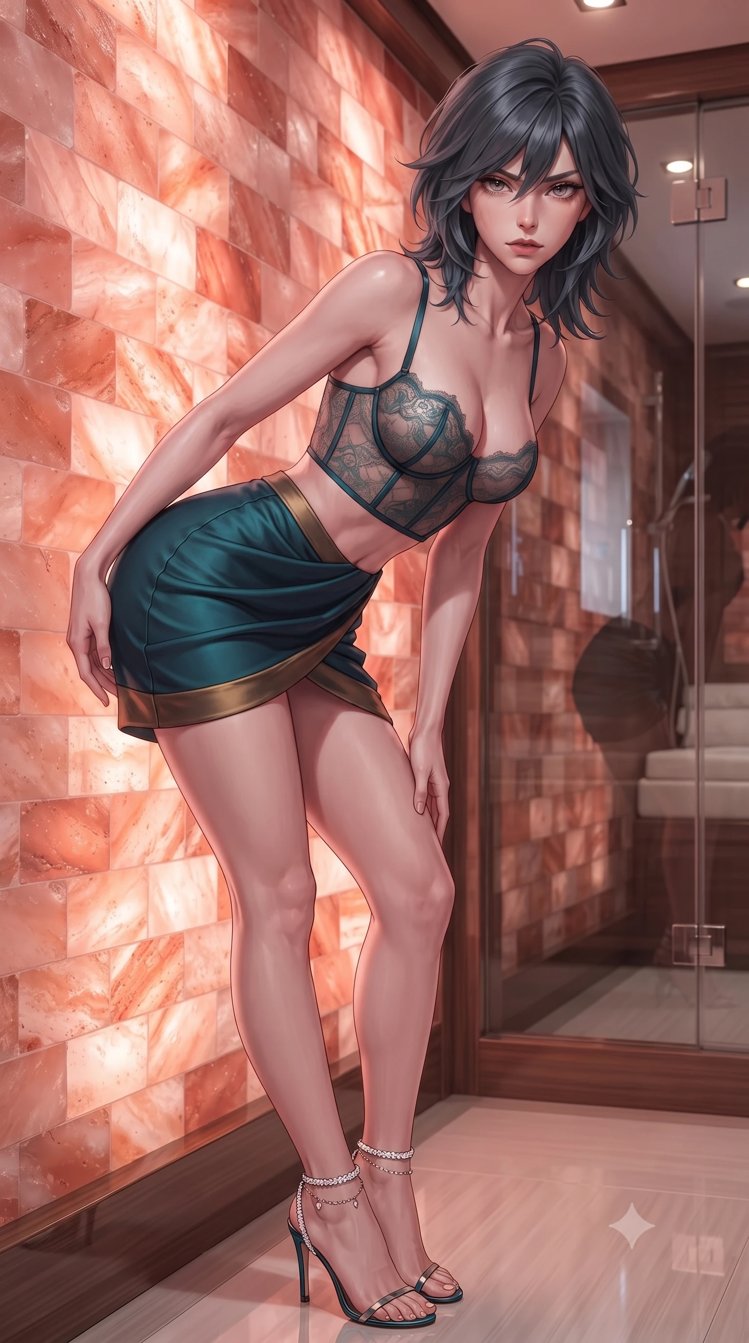 score_9, masterpiece, best quality, ultra-detailed, high-budget anime keyframe, editorial fashion photography, tasteful artistic composition, Caucasian woman. close-up cowboy shot from the waist and thighs up, the character dominates the composition, filling the frame with her large presence. leaning forward while arching her lower back to accentuate her curvy hips, looking into the camera with an intoxicating smoldering gaze and bedroom-eyes while leaning back against the illuminated pink Himalayan salt brick wall with hips cocked back, arching her spine with relaxed seductive grace. The surrounding environment is rendered in vivid detail and crisp panoramic clarity: detailed wet-look lycra swimwear cling, delicate ankle chain gleam, and bespoke yacht spa craftsmanship in high resolution. She has an exceptionally elegant, slender, and willowy female figure with an ultra-slim waist, flat toned midriff, narrow ribcage, and sculpted feminine hips creating an alluring, slim hourglass silhouette without bulk. sharp v-shaped jawline, high-bridge nose, sparkling eyes with hypnotic seductive depth, thick curled eyelashes, glossy parted lips with a natural dewy peach sheen, alluring bedroom-eyes with an enchanting coquettish smile, exuding magnetic siren charisma and sophisticated glamour, flawlessly proportioned anatomical accuracy, strict slender model proportions, natural body alignment, perfectly sculpted long slender limbs, ultra-slim waistline, clean dynamic posture without body distortion. wearing a sculpted underwire demi-bustier in semi-sheer lace paired with an ultra-short draped tulip skirt in deep peacock teal and burnished antique brass, tailored from fine structural neoprene with crisp architectural edges and smooth contouring, complemented by strappy stiletto sandals with crystal ankle wraps accentuating her slender calves, the form-contouring silhouette accentuating her sculpted flat midriff, narrow delicate ribcage, and gracefully curvy hips with intoxicating allure. bathed in warm therapeutic pink-and-amber glow radiating through translucent Himalayan salt blocks. ultra-reflective glossy finish, specular highlights, rich textural contrasts, high-contrast stereoscopic depth, volumetric dynamic lighting, 2k, ultra detail, master piece, 9:16 ratio