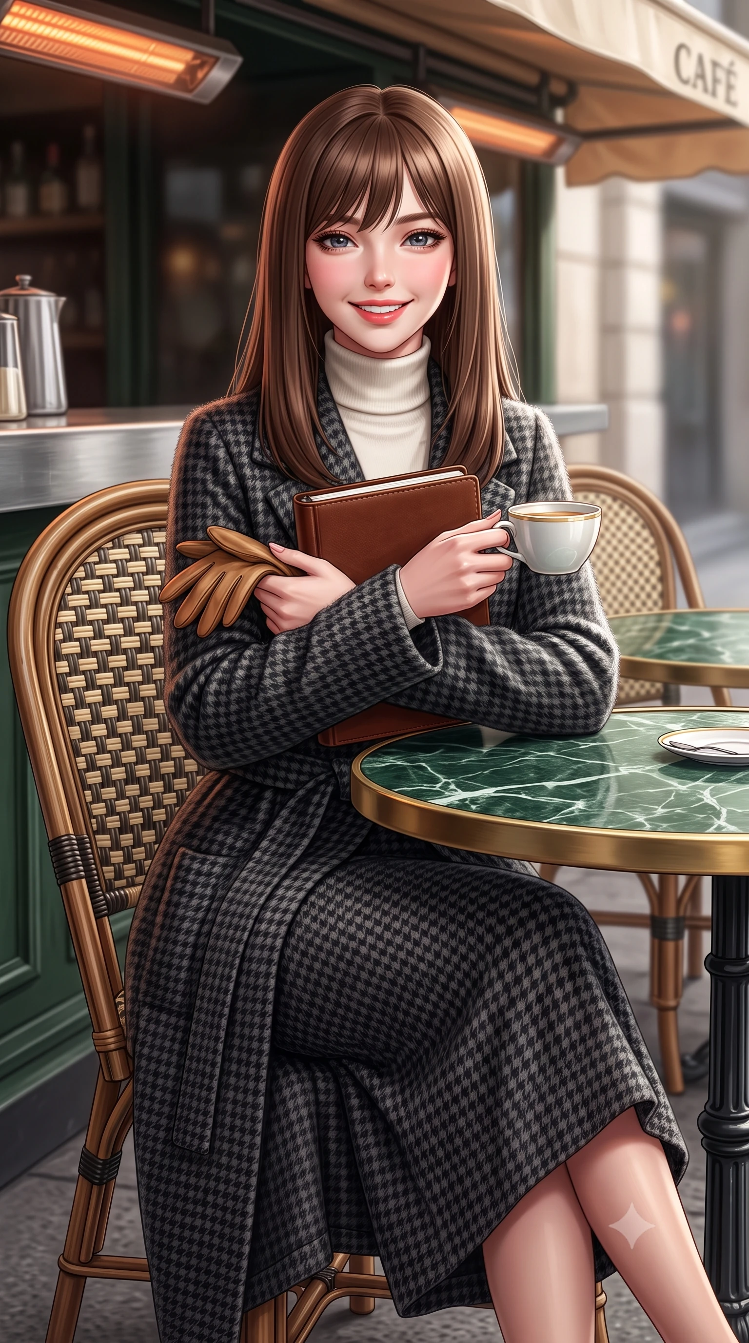 score_9, masterpiece, best quality, ultra-detailed, high-budget anime keyframe, semi-realistic 3D game render, editorial fashion photography, tasteful artistic composition, Korean woman. close-up cowboy shot from the waist and thighs up, the character dominates the composition, filling the frame with her large presence. holding a leather notebook close to her chest with both arms, smiling delightfully with youthful scholarly grace while sitting poised at a round green marble bistrot table beneath the heated cafe awning, cradling a porcelain cup with a radiant French smile. The surrounding environment is rendered in vivid detail and crisp panoramic clarity: sharp green marble tabletop veining, intricate woven rattan chair patterns, and cast-iron table base curves in deep focus. She has an exceptionally elegant, slender, and willowy female figure with an ultra-slim waist, flat toned midriff, narrow ribcage, and sculpted feminine hips creating an alluring, slim hourglass silhouette without bulk. sharp v-shaped jawline, high-bridge nose, intricate jewel-like sparkling eyes with depth, thick eyelashes, glossy parted lips with a natural peach sheen, bright cheerful beaming smile with an enchanting and coquettish sensual glint, exuding both youthful cute charm and seductive allure, flawlessly proportioned anatomical accuracy, strict slender model proportions, natural body alignment, perfectly sculpted long slender limbs, ultra-slim waistline, clean dynamic posture without body distortion. wearing a luxurious longline cashmere cardigan coat with a belted waist worn over an ivory turtleneck and wool midi skirt in classic Savile Row charcoal houndstooth and crisp ivory, woven from plush alpaca yarn with a cloud-like fuzzy texture and soft halo, complemented by buttery leather gloves held delicately in one manicured hand, the expertly draped wool fabric falling in crisp fluid lines along her tall 8.5-heads silhouette, celebrating her slender frame without excess fabric bulk. illuminated by zinc counter and marble tabletop bounce with delicate platinum rim lights sculpting her features and slender waist. highly saturated vibrant anime colors, detailed shading with soft gradients, rich glossy textures, high-contrast stereoscopic depth, volumetric dynamic lighting, master piece, 9:16 ratio