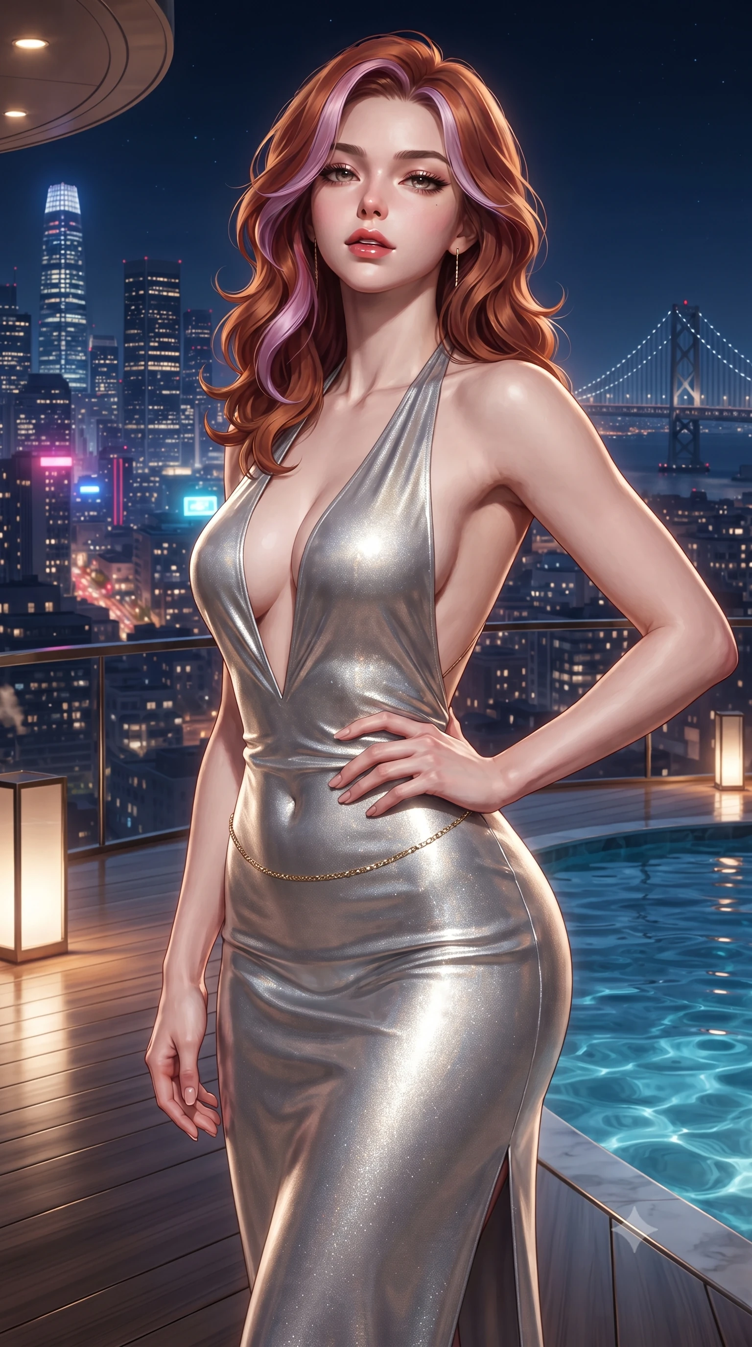 score_9, masterpiece, best quality, ultra-detailed, high-budget anime keyframe, editorial fashion photography, tasteful artistic composition, Caucasian woman. close-up cowboy shot from the waist and thighs up, the character dominates the composition, filling the frame with her large presence. tilting her chin up with proud, sovereign allure while gazing through thick eyelashes, one hand resting on her waist in pure supermodel charisma while pivoting gracefully on the polished balcony deck with hips shifted in a pronounced contrapposto stance, parted glossy lips reflecting city neon. The surrounding environment is rendered in vivid detail and crisp panoramic clarity. detailed skyscraper skyline panoramas, distant suspension bridges, and pool water ripples in high resolution. She has an exceptionally elegant, slender, and willowy female figure with an ultra-slim waist, a gracefully sculpted slender torso, toned flat midriff, and rounded feminine hips creating an alluring hourglass silhouette. sharp v-shaped jawline, high-bridge nose, intricate jewel-like eyes with depth, thick eyelashes, glossy parted lips with a natural sheen, intensely captivating and seductive bedroom-eyes expression, flawlessly proportioned anatomical accuracy, strict slender model proportions, natural body alignment, perfectly sculpted long slender limbs, ultra-slim waistline, clean dynamic posture without body distortion. wearing a plunging halter-neck metallic lamé column dress with a dramatic bare spine and hip-defining ruching in shimmering silver mercury and pearl white, crafted from second-skin supple lambskin leather with specular sheen, complemented by a delicate gold hip chain catching the ambient city reflections, the precision-cut side openings and low-back scoop framing her graceful spine and the sensual sweep of her hips. illuminated by crisp directional edge lights sharply sculpting her slender waist and curvy feminine hips. ultra-reflective glossy finish, specular highlights, rich textural contrasts, high-contrast stereoscopic depth, volumetric dynamic lighting, 2k, ultra detail, master piece, 9:16 ratio