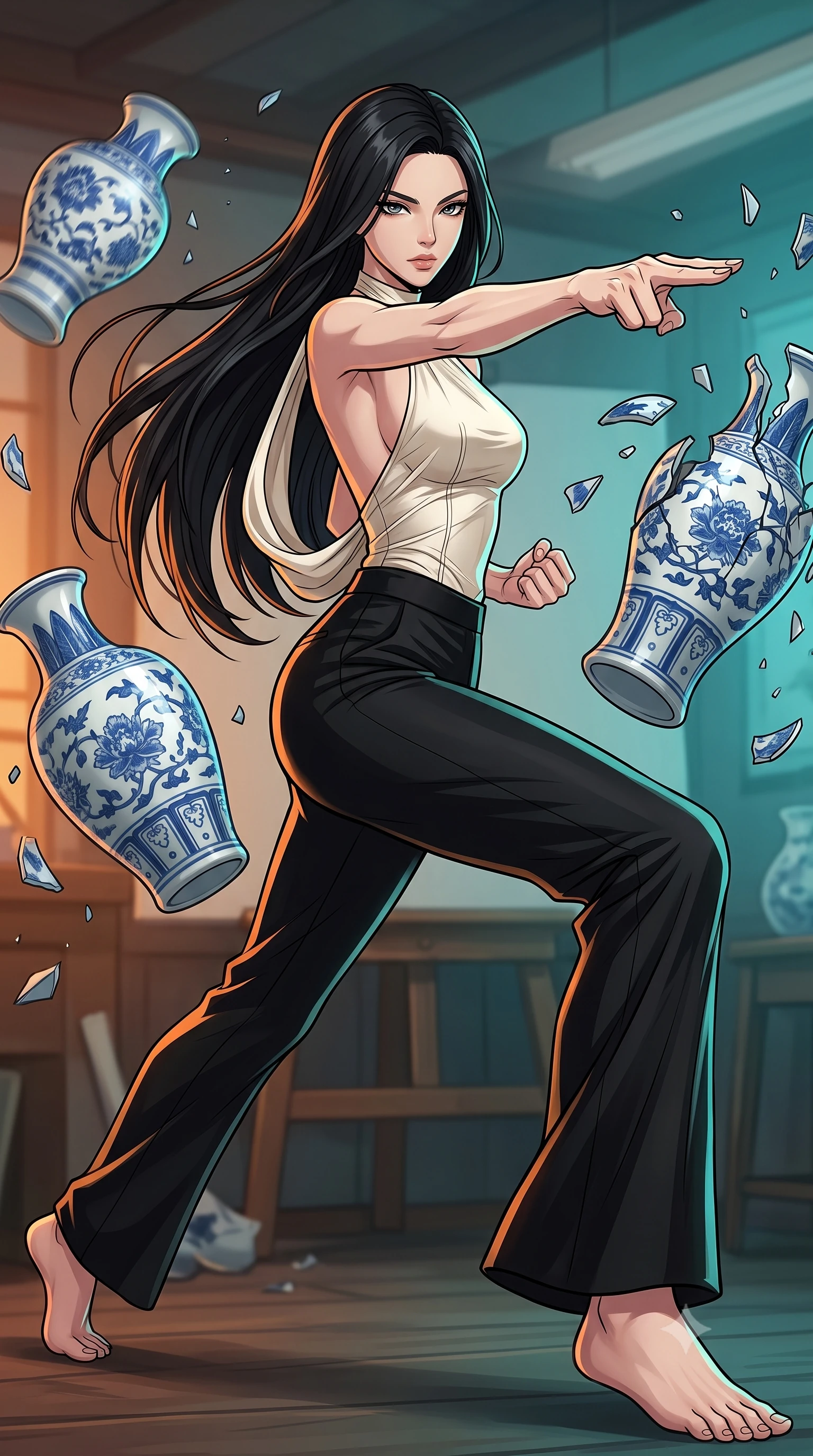 score_9, masterpiece, best quality, ultra-detailed, high-budget anime keyframe, clean line-art, cel-shading, Korean woman. low angle full-body shot from head to toe showing her feet, filling the entire 9:16 vertical frame with her statuesque presence, stretching her vertical silhouette. lunging forward with a piercing thrust, her entire silhouette stretched in action through an artist's studio filled with spinning blue-and-white porcelain vases that are shattering in slow motion. She has a statuesque 8.5-heads proportion, an exceptionally tall, slender and willowy model-like build with impossibly long legs and a highly sculpted ultra-slim waist. sharp v-shaped jawline, high-bridge nose, intricate jewel-like eyes with depth, thick eyelashes, glossy lips with a natural sheen. wearing tailored for maximum mobility, sleek form-contouring panels that allow fluid movement, a slim-fit ivory silk halter-neck top with a draped open back, tucked into tailored black wide-leg trousers. warm amber rim lighting combined with cool teal fill light creating dramatic contrast. highly saturated vibrant anime colors, intense vivid color palette, volumetric dynamic lighting, 2k, ultra detail, master piece, 9:16 ratio