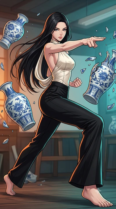 score_9, masterpiece, best quality, ultra-detailed, high-budget anime keyframe, clean line-art, cel-shading, Korean woman. low angle full-body shot from head to toe showing her feet, filling the entire 9:16 vertical frame with her statuesque presence