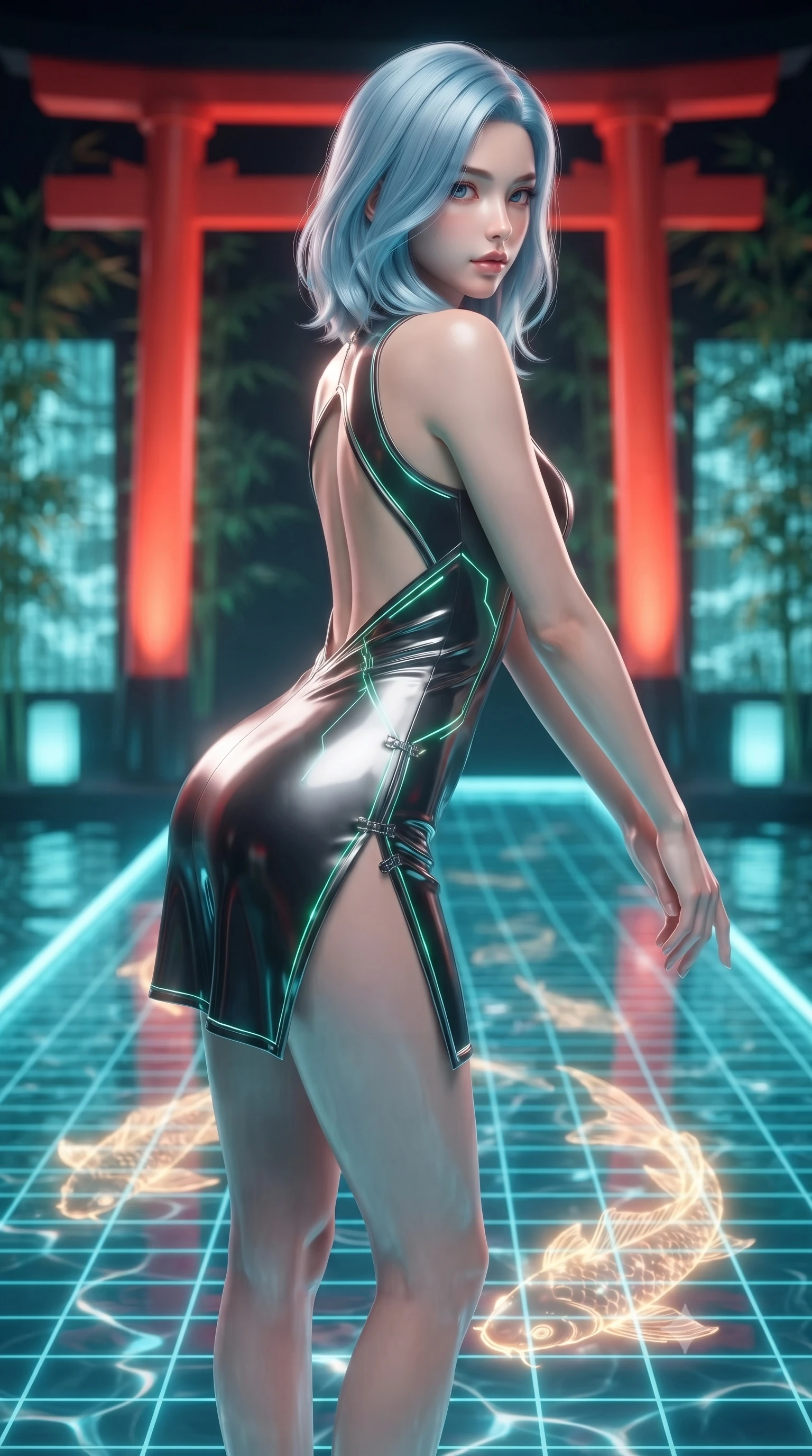 score_9, masterpiece, best quality, ultra-detailed, high-budget anime keyframe, editorial fashion photography, tasteful artistic composition, Korean woman. close-up cowboy shot from the waist and thighs up, the character dominates the composition, filling the frame with her large presence. stretching forward with an alluring arch of her spine, glancing over her shoulder with divine self-assurance and magnetic intensity while stepping along the water matrix as swimming golden holographic koi illuminate her sculpted silhouette from below. The composition keeps background elements in soft focus with creamy bokeh. digital water ripple grids and distant bamboo cyber-screens softened by shallow depth of field. She has an exceptionally elegant, slender, and willowy female figure with an ultra-slim waist, a gracefully sculpted slender torso, toned flat midriff, and a refined slim silhouette. sharp v-shaped jawline, high-bridge nose, intricate jewel-like eyes with depth, thick eyelashes, glossy lips with a natural sheen, flawlessly proportioned anatomical accuracy, strict slender model proportions, natural body alignment, perfectly sculpted long slender limbs, ultra-slim waistline, clean dynamic posture without body distortion. wearing a high-gloss lacquer cyber-couture mini dress with an open-back architectural cut and subtle glowing micro-filaments in radiant emerald green circuit lines and polished silver sheen, made of liquid jersey fabric that clings flawlessly to every contour of her build, finished with an ultra-high side slit secured by miniature magnetic clasps, the precision-cut daring openings accentuating her delicate midriff, graceful bare collarbones, and ultra-slim feminine waistline. bathed in glowing scarlet torii gate backlighting and aquatic cyan matrix uplights. ultra-reflective glossy finish, specular highlights, dark metallic sheen, high-contrast stereoscopic depth, volumetric dynamic lighting, 2k, ultra detail, master piece, 9:16 ratio
