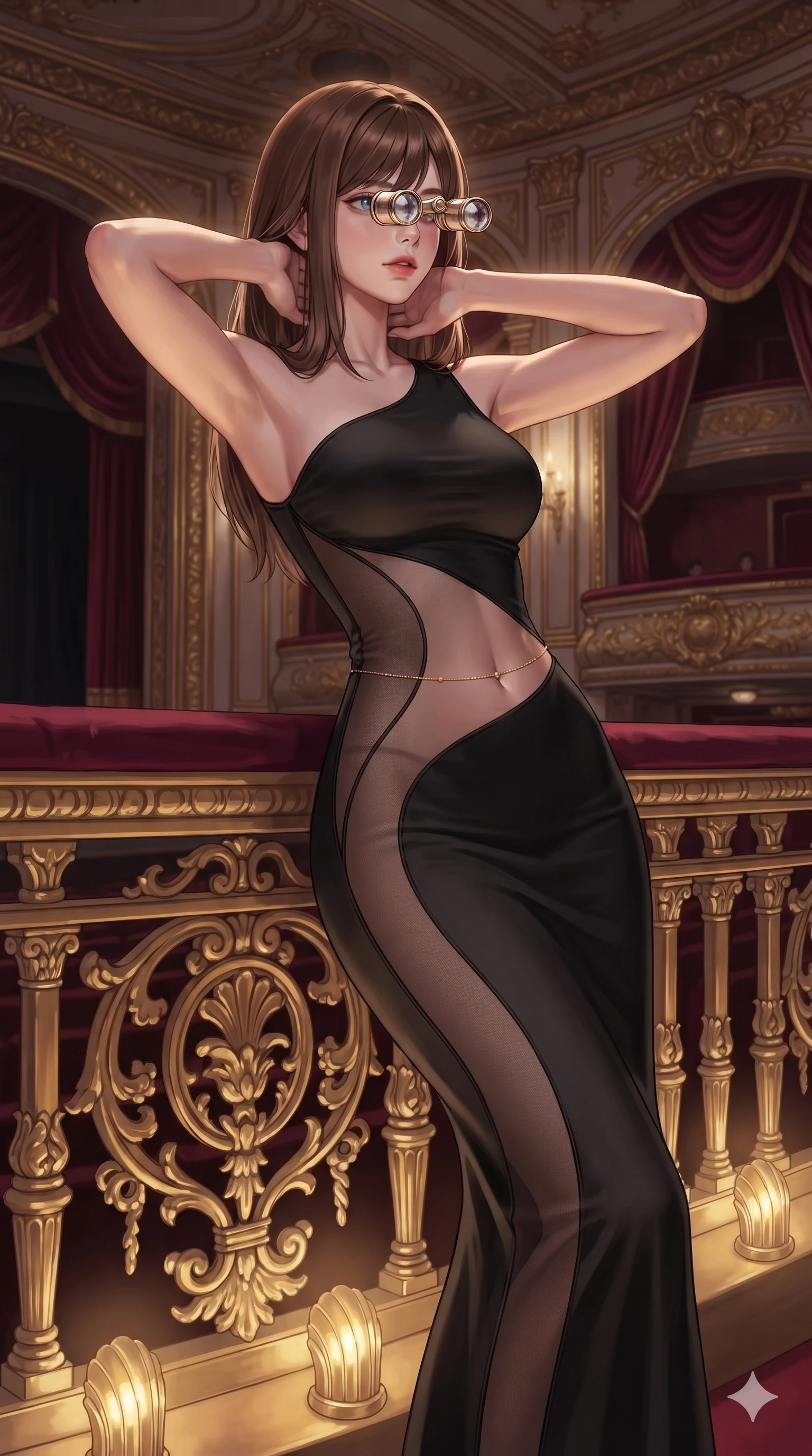 score_9, masterpiece, best quality, ultra-detailed, high-budget anime keyframe, editorial fashion photography, tasteful artistic composition, Korean woman. close-up cowboy shot from the waist and thighs up, the character dominates the composition, filling the frame with her large presence. resting both hands lightly behind her neck with elbows raised, arching her spine to highlight her narrow waist, flat midriff, and breathtaking collarbones while leaning against the carved gold balustrade with hips cocked back, looking through crystal opera glasses with heavy-lidded seductive bedroom-eyes. The background shows a soft-focus theatrical grand tier atmosphere softened in royal opera salon shallow focus. She has an exceptionally elegant, slender, and willowy female figure with an ultra-slim waist, flat toned midriff, narrow ribcage, and sculpted feminine hips creating an alluring, slim hourglass silhouette without bulk. sharp v-shaped jawline, high-bridge nose, intricate jewel-like sparkling eyes with depth, thick eyelashes, glossy parted lips with a natural sheen, intensely captivating and seductive bedroom-eyes expression, exuding both youthful cute charm and sovereign luxury allure, flawlessly proportioned anatomical accuracy, strict slender model proportions, natural body alignment, perfectly sculpted long slender limbs, ultra-slim waistline, clean dynamic posture without body distortion. wearing a second-skin black silk jersey maxi dress with asymmetrical sheer mesh side panels tracing the full curve of her hip in deep emerald green satin and gold hardware accents, woven from high-density tech-wool with subtle metallic thread weave, accented with a dainty gold belly chain resting across her flat midriff and curving hips, the glove-like clinging cut tightly following the natural contour of her hips and long slender legs with youthful 8.5-heads elegance. bathed in the theatrical, dramatic contrast of golden stage footlights from below and dim ambient royal crimson lighting. ultra-reflective glossy finish, specular highlights, rich textural contrasts, high-contrast stereoscopic depth, volumetric dynamic lighting, 2k, ultra detail, master piece, 9:16 ratio