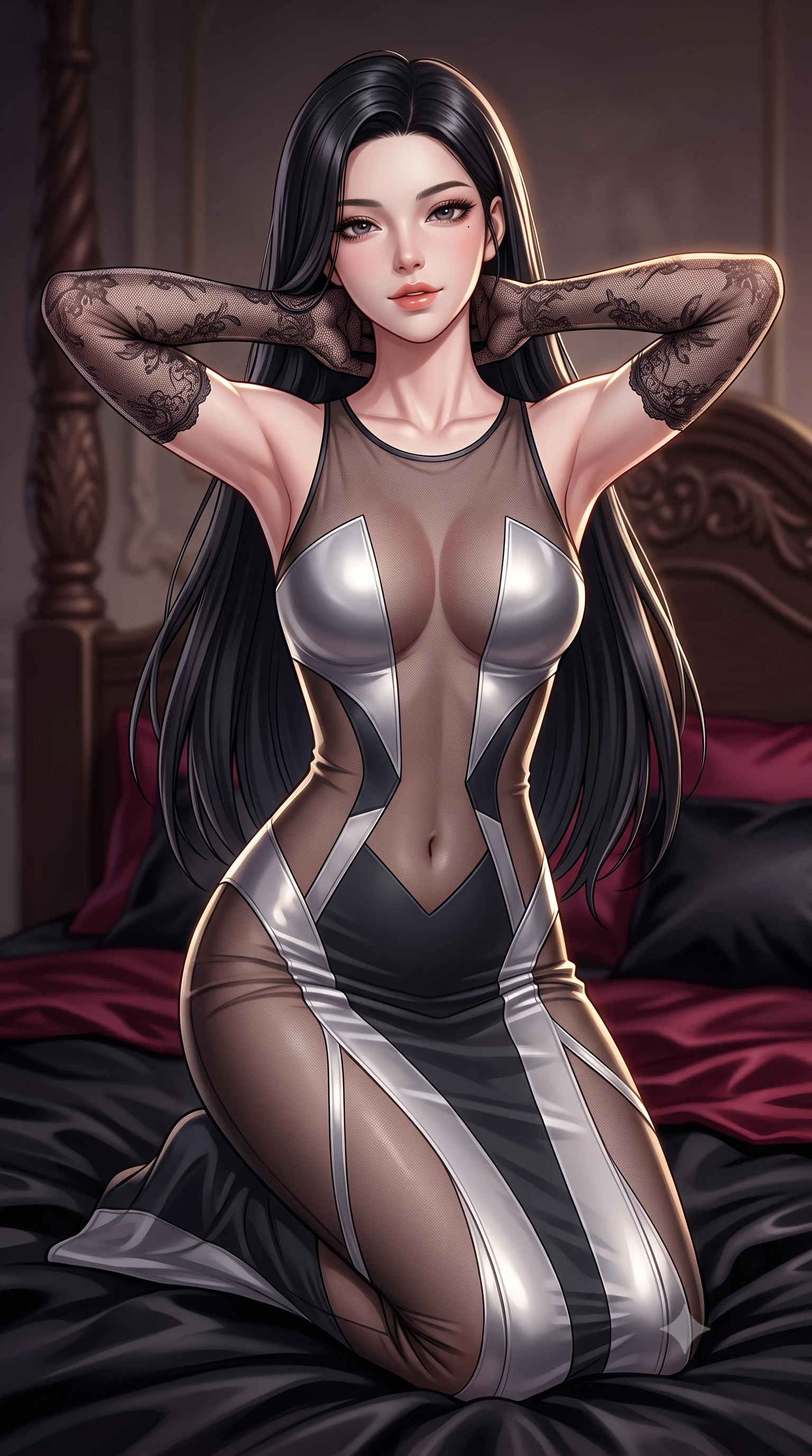score_9, masterpiece, best quality, ultra-detailed, high-budget anime keyframe, semi-realistic 3D game render, editorial fashion photography, tasteful artistic composition, Korean woman. close-up cowboy shot from the waist and thighs up, the character dominates the composition, filling the frame with her large presence. resting both hands lightly behind her neck with elbows raised, arching her spine to highlight her narrow waist, flat midriff, and breathtaking collarbones while kneeling gracefully on the lavish black-and-burgundy silk bedding, arching her lower back with breathless bedroom-allure. The background shows a soft-focus carved four-poster bed posts softened in dark romantic shallow focus. She has an exceptionally elegant, slender, and willowy female figure with an ultra-slim waist, flat toned midriff, narrow ribcage, and sculpted feminine hips creating an alluring, slim hourglass silhouette without bulk. sharp v-shaped jawline, high-bridge nose, sparkling eyes with hypnotic seductive depth, thick curled eyelashes, glossy parted lips with a natural dewy peach sheen, alluring bedroom-eyes with an enchanting coquettish smile, exuding magnetic siren charisma and sophisticated glamour, flawlessly proportioned anatomical accuracy, strict slender model proportions, natural body alignment, perfectly sculpted long slender limbs, ultra-slim waistline, clean dynamic posture without body distortion. wearing a provocative sheer illusion mesh column gown with opaque geometric panels strategically hugging her curves in molten liquid silver and midnight charcoal with platinum highlights, woven from buttery-soft stretch lambskin leather adhering to her body like a second skin, complemented by sheer opera-length lace evening gloves tracing her slender arms, the high-slit wrap tailoring accentuating her ultra-slim waistline and the enchanting curve of her feminine hips with alluring seductive charm. illuminated by silk bedding reflection fill and sharp platinum-gold rim lights defining her collarbones, narrow waist, and curvy hips. highly saturated vibrant anime colors, detailed shading with soft gradients, rich glossy textures, high-contrast stereoscopic depth, volumetric dynamic lighting, master piece, 9:16 ratio