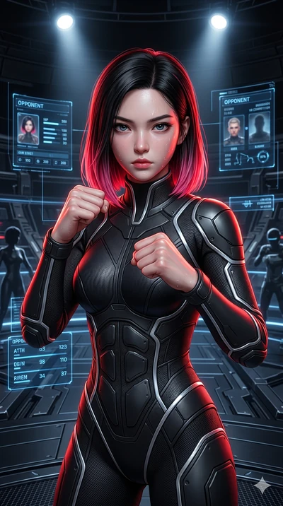 score_9, masterpiece, best quality, ultra-detailed, high-budget anime keyframe, semi-realistic 3D game render, Korean woman. Upper body close-up from the thighs up, character filling the screen for maximum presence. Inside a virtual reality arena, pr