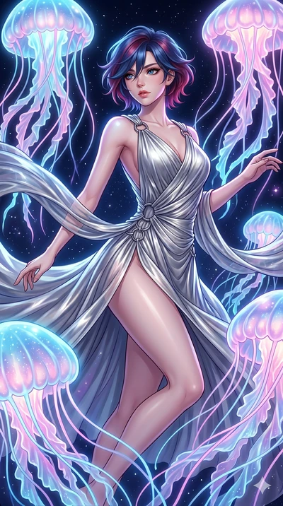 score_9, masterpiece, best quality, ultra-detailed, high-budget anime keyframe, Caucasian woman, strictly human ears. upper body close-up from the thighs up, character filling the screen for maximum presence. swirling gracefully among the glowing rib