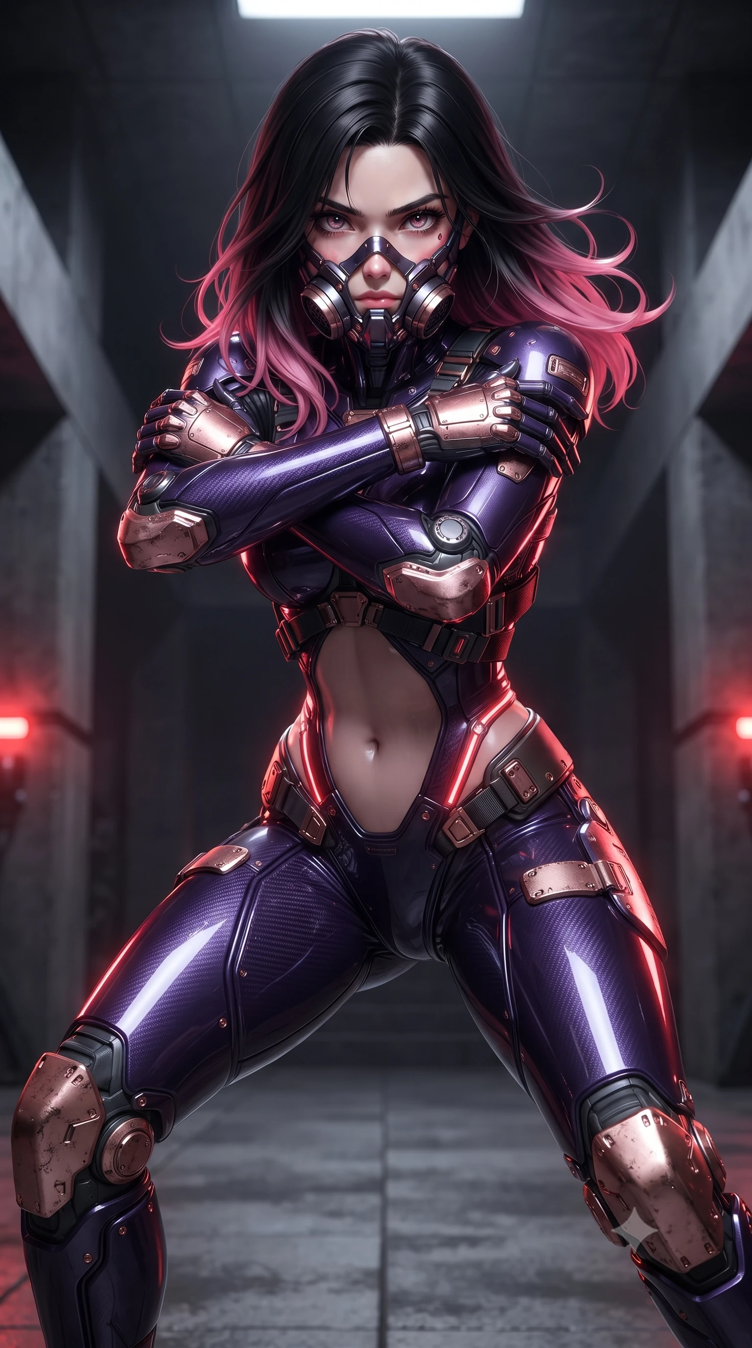 score_9, masterpiece, best quality, ultra-detailed, high-budget anime keyframe, editorial fashion photography, tasteful artistic composition, Korean woman. close-up cowboy shot from the waist and thighs up, the character dominates the composition, filling the frame with her large presence. shifting into a low cat-stance with arms crossed defensively, glowing energy conduits tracing her ultra-slim waist and sculpted clavicle while breaching the blast doors of a fortified underground bunker as pulsating red radioactive hazard beacons wash over her sculpted cuirass. The surrounding environment is rendered in vivid detail and crisp panoramic clarity. intense bunker chiaroscuro and fortified underground brutalist architecture rendered with precision. She has an exceptionally elegant, slender, and willowy female figure with an ultra-slim waist, a gracefully sculpted slender torso, toned flat midriff, and a refined slim silhouette. sharp v-shaped jawline, high-bridge nose, intricate jewel-like eyes with depth, thick eyelashes, glossy lips with a natural sheen, fierce and resolute heroine expression, flawlessly proportioned anatomical accuracy, strict slender model proportions, natural body alignment, perfectly sculpted long slender limbs, ultra-slim waistline, clean dynamic posture without body distortion. wearing a sleek titanium half-face combat rebreather guard protecting her lower jaw while leaving her expressive eyes and long hair flowing freely, paired with an ultra-sleek high-gloss carbon-composite exoskeleton suit featuring kinetic shock-absorbing shin guards and flexible limb articulation joints in royal purple carbon fiber with distressed rose-gold hardware and buckles, formed from high-gloss patent carbon-plating with specular dystopian chiaroscuro reflections, reinforced by a heavy-duty titanium tactical harness and glowing micro-energy status straps, the precision-cut daring openings accentuating her delicate midriff, graceful bare collarbones, and ultra-slim feminine waistline. illuminated by sharp specular highlights tracing her ultra-slim waist, long legs, and sculpted armor plates. ultra-reflective glossy finish, specular highlights, dark metallic sheen, high-contrast stereoscopic depth, volumetric dynamic lighting, 2k, ultra detail, master piece, 9:16 ratio