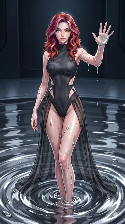 score_9, masterpiece, best quality, ultra-detailed, High-budget Anime Keyframe, East Asian woman. Dynamic full-body shot stretching the vertical silhouette to the limit. Scenario 194: Rising from a pool of mercury-like liquid, droplets rolling off he