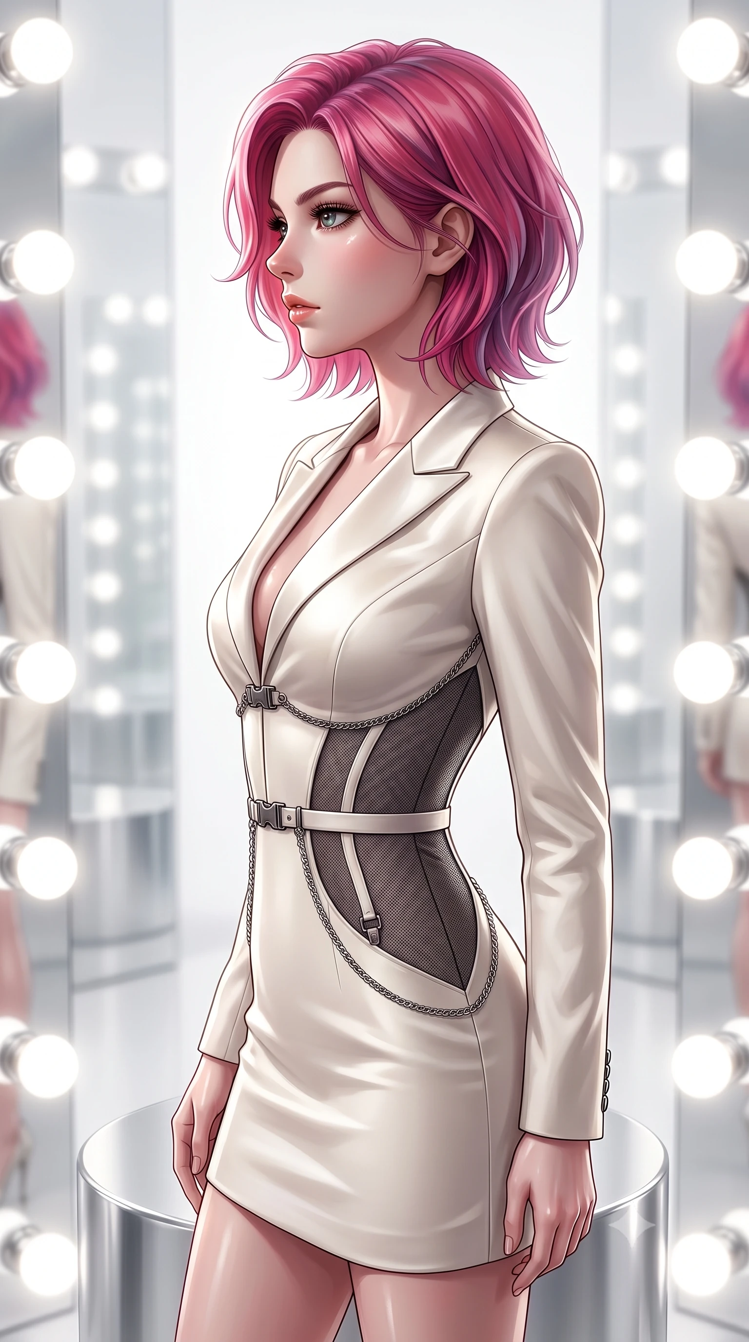 score_9, masterpiece, best quality, ultra-detailed, high-budget anime keyframe, editorial fashion photography, tasteful artistic composition, Caucasian woman. close-up cowboy shot from the waist and thighs up, the character dominates the composition, filling the frame with her large presence, background elements kept in soft focus. Turning her face in sharp dramatic profile against the key light, poised on a platinum pedestal as infinite mirror reflections repeat into white space, bright daylight vanity bulbs creating intense circular rim highlights on skin. She has an exceptionally elegant, slender, and willowy female figure with an ultra-slim waist, a gracefully sculpted slender torso, and a refined silhouette. sharp v-shaped jawline, high-bridge nose, intricate jewel-like eyes with depth, thick eyelashes, glossy lips with a natural sheen. wearing tailored ivory tux dress with satin lapels and fitted waist in dark charcoal gray, made of fine dark contouring mesh, framed by dark titanium buckles and silver chain details, contouring every curve with an exceptionally elegant silhouette. bathed in high-contrast specular reflections against bright mirror space. highly saturated vibrant anime colors, detailed shading with soft gradients, rich glossy textures, high-contrast stereoscopic depth, volumetric dynamic lighting, master piece, 9:16 ratio