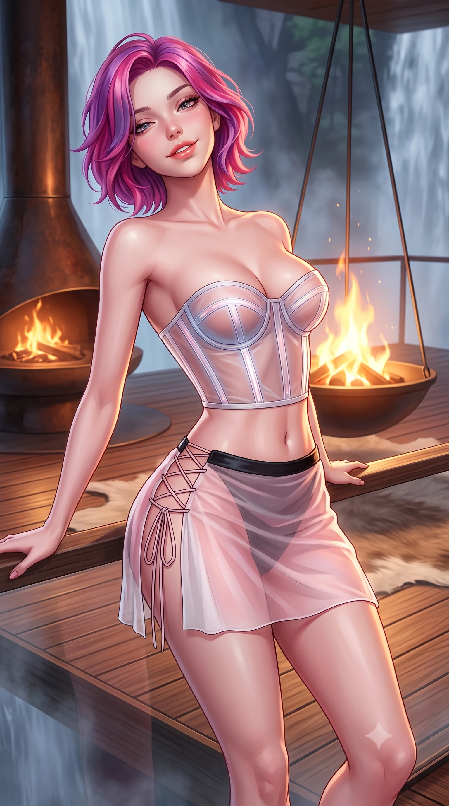 score_9, masterpiece, best quality, ultra-detailed, high-budget anime keyframe, semi-realistic 3D game render, editorial fashion photography, tasteful artistic composition, Caucasian woman. close-up cowboy shot from the waist and thighs up, the character dominates the composition, filling the frame with her large presence. leaning back against the balustrade with relaxed seductive grace, head tilted back slightly while casting a hypnotic, heavy-lidded gaze while standing poised on the cantilevered teak platform as midnight waterfall mist drifts around her silhouette, arching her spine with sovereign seductive grace. The surrounding environment is rendered in vivid detail and crisp panoramic clarity: sharp teak boardwalk grain, oxidized steel fireplace curves, and plush natural hide hair textures in deep focus. She has an exceptionally elegant, slender, and willowy female figure with an ultra-slim waist, flat toned midriff, narrow ribcage, and sculpted feminine hips creating an alluring, slim hourglass silhouette without bulk. sharp v-shaped jawline, high-bridge nose, intricate jewel-like sparkling eyes with depth, thick eyelashes, glossy parted lips with a natural peach sheen, bright cheerful beaming smile with an enchanting and coquettish sensual glint, exuding both youthful cute charm and seductive allure, flawlessly proportioned anatomical accuracy, strict slender model proportions, natural body alignment, perfectly sculpted long slender limbs, ultra-slim waistline, clean dynamic posture without body distortion. wearing a sculpted underwire cyber-corset in translucent tech-tulle with illuminated boning channels paired with a sheer mini skirt in Kyoto moonlit sakura blush and polished urushi black, made of sheer gossamer chiffon that drapes softly against skin with airy translucence, featuring fine criss-cross lace-up side ties revealing tantalizing glimpses of her hip curve, the liquid-tight tailored fabric clinging flawlessly to her narrow waist and rounded feminine hips, emphasizing every millimeter of her sculpted slim hourglass curves without any bulky heaviness. bathed in the warm radiant 2100K hearth glow of the central suspended fire bowl mixed with cool silver waterfall mist. highly saturated vibrant anime colors, detailed shading with soft gradients, rich glossy textures, high-contrast stereoscopic depth, volumetric dynamic lighting, master piece, 9:16 ratio