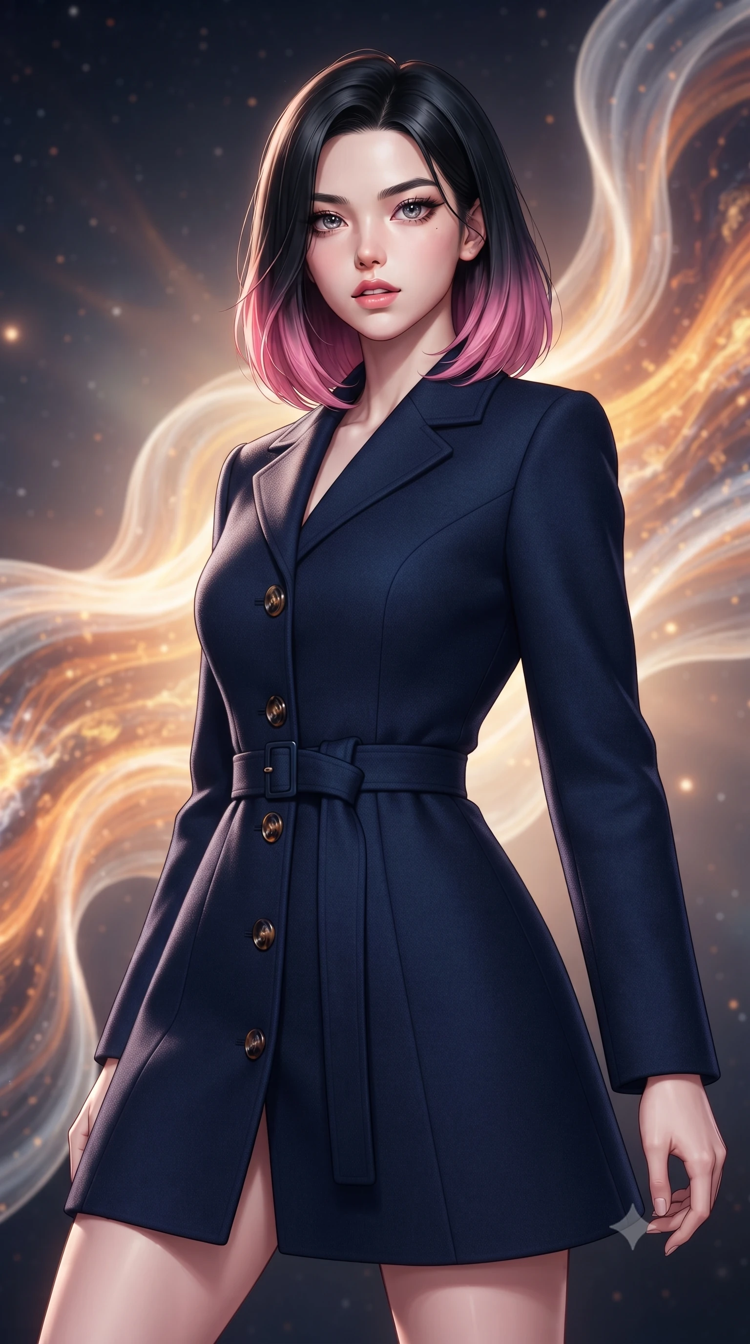 score_9, masterpiece, best quality, ultra-detailed, high-budget anime keyframe, editorial fashion photography, tasteful artistic composition, Korean woman. close-up cowboy shot from the waist and thighs up, the character dominates the composition, filling the frame with her large presence, background elements kept in soft focus. Looking directly at the camera with a bold fearless expression and parted lips. set against a soft-focus background of a vast open expanse of space where enormous ribbons of solar wind in orange gold and white stream past like cosmic rivers their surfaces rippling with magnetic turbulence and charged particle cascades. She has an exceptionally elegant and slender, willowy female figure with an ultra-slim waist, a gracefully sculpted slender torso, and a refined slim physique. sharp v-shaped jawline, high-bridge nose, intricate jewel-like eyes with depth, thick eyelashes, glossy lips with a natural sheen. wearing a sophisticated navy wool coat dress with tortoiseshell buttons and a tailored fabric belt. soft glowing ambient light with sharp side key light tracing the sleek contours of her figure. 2k, ultra detail, master piece, 9:16 ratio