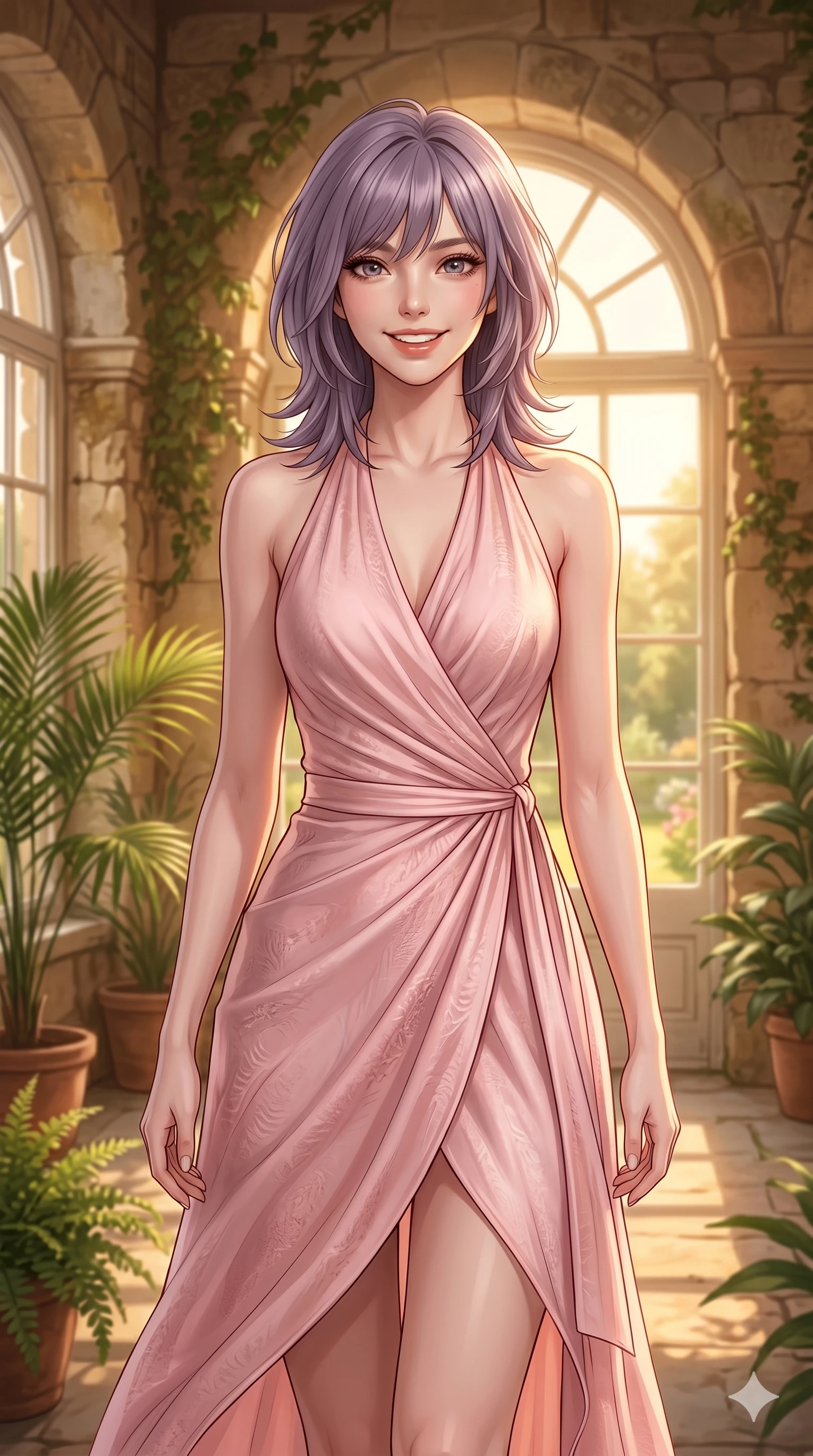score_9, masterpiece, best quality, ultra-detailed, high-budget anime keyframe, editorial fashion photography, tasteful artistic composition, Japanese woman. cowboy shot from the thighs up, character and outfit filling the frame for maximum editorial presence. looking at the camera with a bright, cheerful smile, her shoulders relaxed inside a classic stone orangery with arched windows. She has an absolutely perfect 8-heads proportion, an exceptionally tall and slender female figure with impossibly long slender legs and an ultra-slim waist. V-shaped jawline, high-bridge nose, intricate jewel-like eyes with depth, thick eyelashes, glossy lips with a natural sheen. wearing a soft pink wrap dress with a graceful halter neck and bare shoulders. drenched in warm golden hour light pouring through the arched windows, creating a soft glowing atmosphere. 2k, ultra detail, master piece, 9:16 ratio