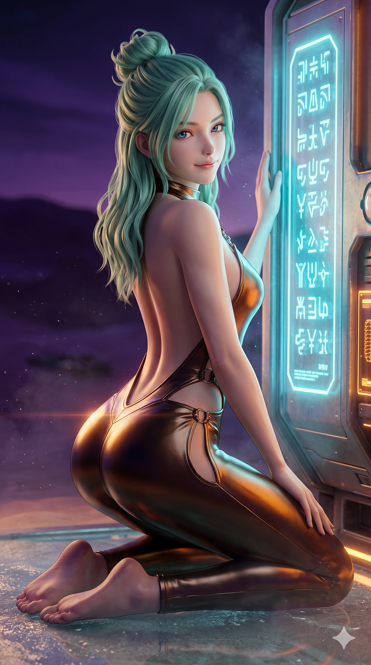 score_9, masterpiece, best quality, ultra-detailed, high-budget anime keyframe, semi-realistic 3D game render, editorial fashion photography, tasteful artistic composition, Japanese woman. close-up cowboy shot from the waist and thighs up, the character dominates the composition, filling the frame with her large presence. leaning back against the glowing maintenance bulkhead with relaxed seductive grace, her flat midriff and narrow waist highlighted as laser ambient light traces her curves while kneeling gracefully on the glass sand terrace with one leg extended, looking back over her shoulder with an intoxicating sensual smile. The background shows a soft-focus crystalline atmospheric shimmer softened in alien excavation sanctuary shallow focus. She has an exceptionally elegant, slender, and willowy female figure with an ultra-slim waist, flat toned midriff, narrow ribcage, and sculpted feminine hips creating an alluring, slim hourglass silhouette without bulk. sharp v-shaped jawline, high-bridge nose, intricate jewel-like sparkling eyes with depth, thick eyelashes, glossy parted lips with a natural sheen, bright confident smile with an enchanting and coquettish sensual glint, exuding both youthful magnetic charm and sovereign high-tech allure, flawlessly proportioned anatomical accuracy, strict slender model proportions, natural body alignment, perfectly sculpted long slender limbs, ultra-slim waistline, clean dynamic posture without body distortion. wearing an alluring backless liquid titanium halterneck jumpsuit with deep scoop back down to her lower spine and hip ventilation slits in cosmic eclipse amber and starlight diamond, adorned with delicate chrome ring hardware and cutouts along her slender waist, finished with high-tension magnetic quick-release clasps glinting along her collarbones, the impeccably tailored cut draping gracefully along her slender figure with aristocratic poise. bathed in the serene glowing cyan-blue light of the alien glyphs contrasting with the deep purple ambient twilight of the desert sky. highly saturated vibrant anime colors, detailed shading with soft gradients, rich glossy textures, high-contrast stereoscopic depth, volumetric dynamic lighting, master piece, 9:16 ratio