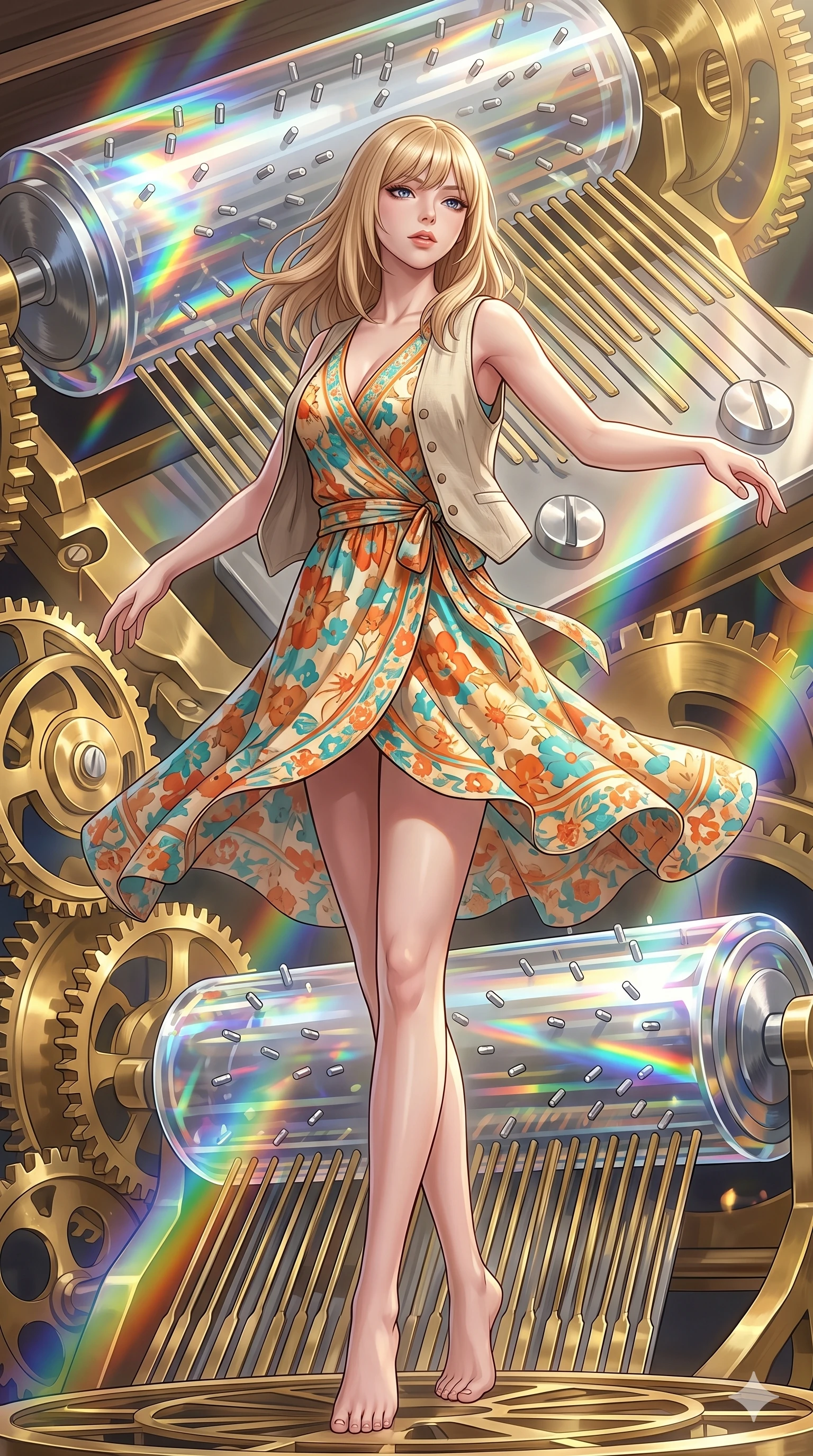 score_9, masterpiece, best quality, ultra-detailed, high-budget anime keyframe, editorial fashion photography, tasteful artistic composition, Japanese woman. low angle full-body shot from head to toe showing her feet, filling the entire 9:16 vertical frame with her statuesque presence, stretching her vertical silhouette. twirling with balletic elegance inside inside a giant music box mechanism with rotating crystal cylinders silver pins plucking ethereal melodies and delicate clockwork gears of polished brass turning in perfect synchronization. She has a statuesque 8.5-heads proportion, an exceptionally tall, slender and willowy model-like build with impossibly long legs and a highly sculpted ultra-slim waist. sharp v-shaped jawline, high-bridge nose, intricate jewel-like eyes with depth, thick eyelashes, glossy lips with a natural sheen. wearing a bohemian wrap dress in a sun-drenched floral pattern of orange, turquoise, and cream, layered with a light beige linen vest. sparkling prismatic light refracting through the rotating crystal cylinders casting rainbow patterns that sweep across the space in rhythm with the melody. 2k, ultra detail, master piece, 9:16 ratio