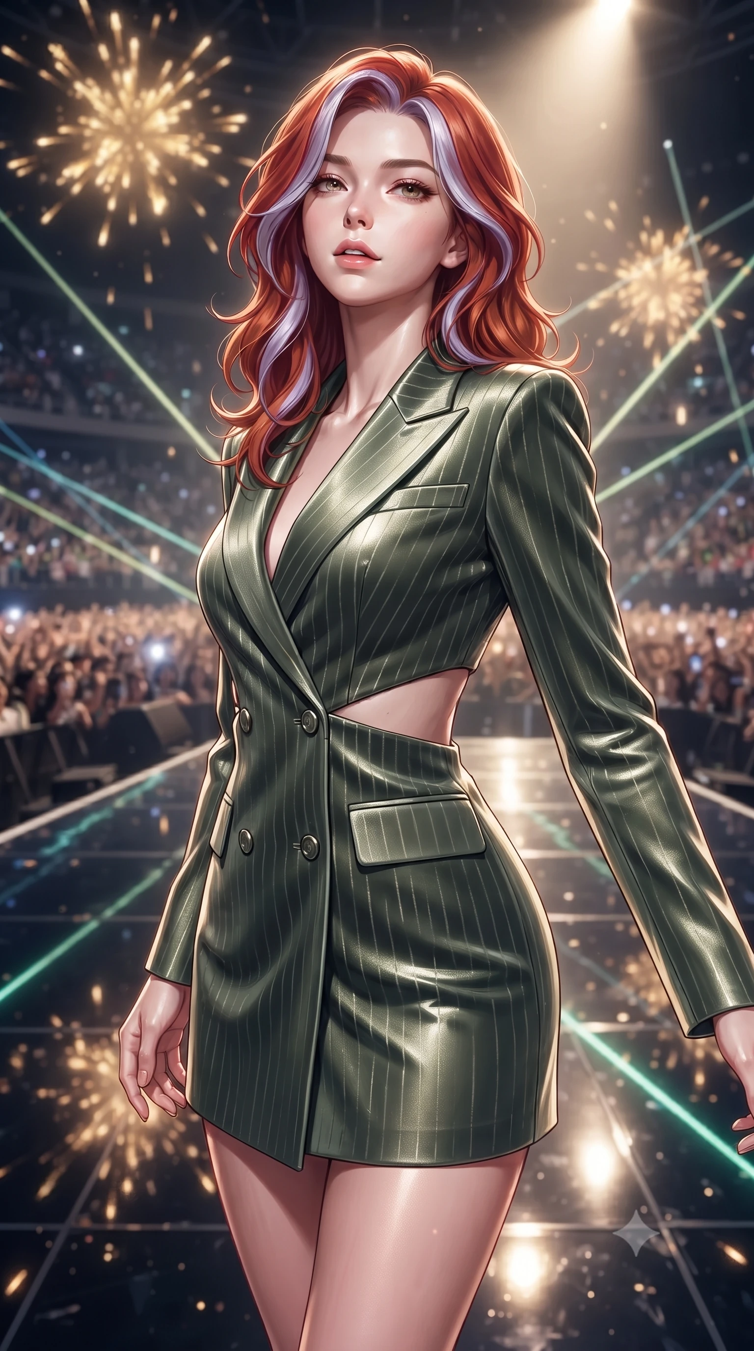score_9, masterpiece, best quality, ultra-detailed, high-budget anime keyframe, editorial fashion photography, tasteful artistic composition, Caucasian woman. close-up cowboy shot from the waist and thighs up, the character dominates the composition, filling the frame with her large presence, background elements kept in soft focus. Tilting her chin up slightly with lips parted in a magnetic, composed expression standing in the spotlight on a massive stadium concert stage with background laser beams, shiny dark stage surface reflecting every concert light beam vividly. She has an exceptionally elegant, slender, and willowy female figure with an ultra-slim waist, a gracefully sculpted slender torso, and a refined silhouette. sharp v-shaped jawline, high-bridge nose, intricate jewel-like eyes with depth, thick eyelashes, glossy lips with a natural sheen. wearing a double-breasted blazer dress with metallic pin-stripes in sage green and oatmeal, made of premium stretch velvet with a rich sheen, featuring subtle geometric cutouts that highlight her ultra-slim midriff, the glove-like fit emphasizing her statuesque silhouette. illuminated by golden spark explosions and high-contrast concert lighting. ultra-reflective glossy finish, specular highlights, metallic sheen, high-contrast stereoscopic depth, volumetric dynamic lighting, 2k, ultra detail, master piece, 9:16 ratio