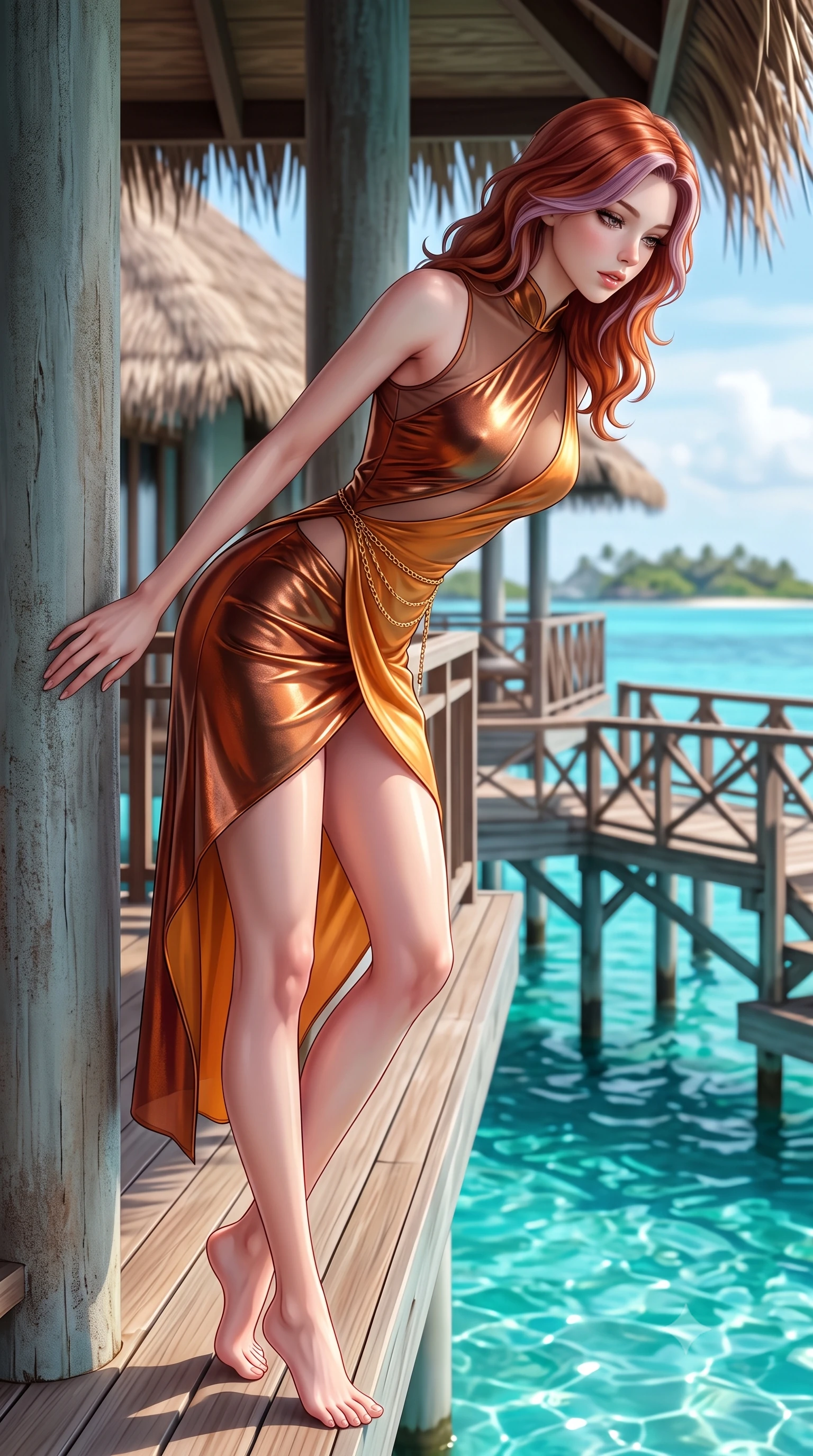 score_9, masterpiece, best quality, ultra-detailed, high-budget anime keyframe, semi-realistic 3D game render, editorial fashion photography, tasteful artistic composition, Caucasian woman. low angle full-body shot from head to toe showing her feet, filling the entire 9:16 vertical frame with her statuesque presence, stretching her vertical silhouette. leaning deep against the structural architecture with hips cocked in an unapologetically bold, seductive high-fashion stance while leaning over the teak deck railing with hips cocked back, looking down into the sparkling turquoise water with enchanted bedroom-eyes. The composition keeps background elements in soft focus with creamy bokeh. thatched villa roofs and distant wooden stilt walkways softened in dreamy tropical shallow focus. She has an exceptionally tall and slender model-like 8.5-heads proportion, an ultra-slim waist, a flat toned midriff, narrow delicate ribcage, and beautifully sculpted feminine hips creating a graceful, slim hourglass silhouette without any bulky heaviness, with impossibly long slender legs. sharp v-shaped jawline, high-bridge nose, intricate jewel-like eyes with depth, thick eyelashes, glossy parted lips with a natural sheen, intensely captivating and seductive bedroom-eyes expression, flawlessly proportioned anatomical accuracy, strict slender model proportions, natural body alignment, perfectly sculpted long slender limbs, ultra-slim waistline, clean dynamic posture without body distortion. wearing a wet-look silk fusion wrap dress with asymmetrical sheer mesh cutouts and high Mandarin collar in rich copper bronze and warm amber, crafted from luxurious metallic lamé that shifts radiance with every step, accented with a delicate gold chain belt resting loosely on her curvy hips, the liquid-tight tailored fabric clinging flawlessly to her narrow waist and rounded feminine hips, emphasizing every millimeter of her sculpted slim hourglass curves without any bulky heaviness. illuminated by sparkling aquatic highlights carving her razor-sharp jawline, narrow waist, and curvy hips. highly saturated vibrant anime colors, detailed shading with soft gradients, rich glossy textures, high-contrast stereoscopic depth, volumetric dynamic lighting, master piece, 9:16 ratio