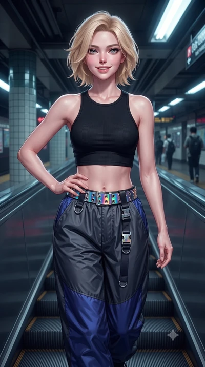score_9, masterpiece, best quality, ultra-detailed, high-budget anime keyframe, editorial fashion photography, tasteful artistic composition, Caucasian woman. close-up cowboy shot from the waist and thighs up, the character dominates the composition,