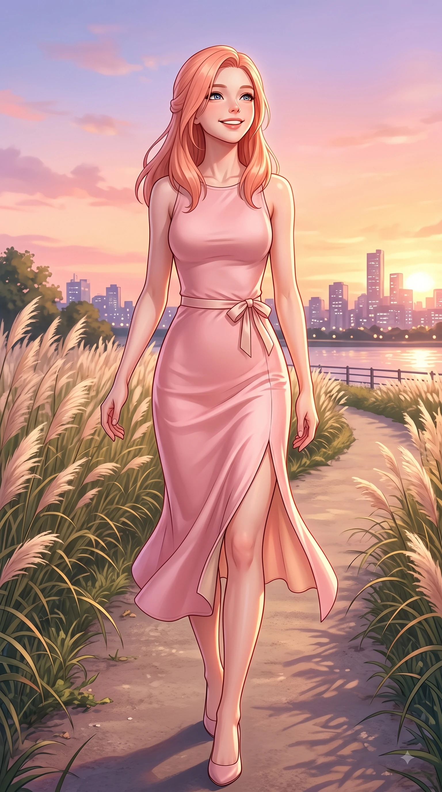 score_9, masterpiece, best quality, ultra-detailed, high-budget anime keyframe, editorial fashion photography, tasteful artistic composition, Japanese woman. close-up cowboy shot from the waist and thighs up, the character dominates the composition, filling the frame with her large presence. Tilting her chin up with a sweet beaming smile of pure delight while balancing dynamically amidst the scene while walking cheerfully along a park pathway bordered by swaying pampas grass as sunset light paints the sky. The surrounding environment is rendered in vivid detail and crisp panoramic clarity. scenic riverside walking paths and twinkling city skyline outlines in rich clarity. She has an exceptionally elegant, slender, and willowy female figure with an ultra-slim waist, a gracefully sculpted slender torso, and a refined silhouette. sharp v-shaped jawline, high-bridge nose, intricate jewel-like eyes with depth, thick eyelashes, glossy lips with a natural sheen, flawlessly proportioned anatomical accuracy, natural body alignment, perfectly sculpted elegant limbs, clean dynamic posture without body distortion. wearing a form-flattering pastel pink sleeveless knit midi dress with a tasteful side slit in peach blossom pink and warm oatmeal, crafted from smooth fluid silk satin, accented with a dainty waist ribbon bow, the breezy lightweight fabric fluttering softly against her delicate frame. surrounded by a serene, uplifting, and romantic park ambiance. highly saturated vibrant anime colors, detailed shading with soft gradients, rich glossy textures, high-contrast stereoscopic depth, volumetric dynamic lighting, master piece, 9:16 ratio