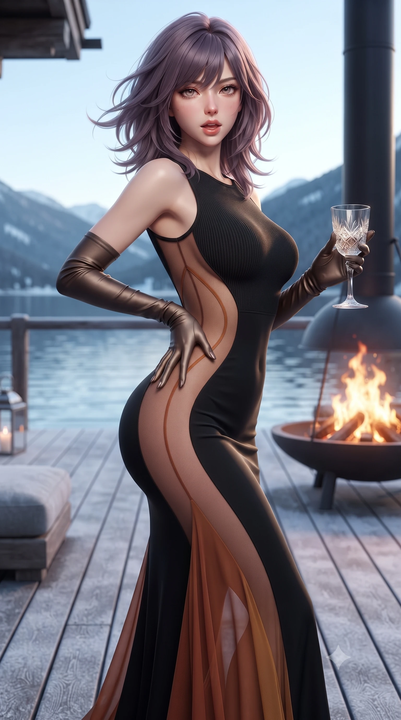 score_9, masterpiece, best quality, ultra-detailed, high-budget anime keyframe, editorial fashion photography, tasteful artistic composition, Japanese woman. close-up cowboy shot from the waist and thighs up, the character dominates the composition, filling the frame with her large presence. resting one manicured hand delicately on her hip bone, her upper body turning in a fluid, seductive S-curve while parted lips glisten in the light while stepping out onto the frosted timber deck in an elegant turn, her form-contouring knit dress sculpting her slim hourglass silhouette. The surrounding environment is rendered in vivid detail and crisp panoramic clarity. detailed cashmere knit dress ribbing, fireplace flame clarity, and lake water ripple tracks in high resolution. She has an exceptionally elegant, slender, and willowy female figure with an ultra-slim waist, flat toned midriff, narrow ribcage, and sculpted feminine hips creating an alluring, slim hourglass silhouette without bulk. sharp v-shaped jawline, high-bridge nose, intricate jewel-like eyes with depth, thick eyelashes, glossy parted lips with a natural sheen, intensely captivating and seductive bedroom-eyes expression, flawlessly proportioned anatomical accuracy, strict slender model proportions, natural body alignment, perfectly sculpted long slender limbs, ultra-slim waistline, clean dynamic posture without body distortion. wearing a second-skin black silk jersey maxi dress with asymmetrical sheer mesh side panels tracing the full curve of her hip in molten desert gold and burnt terracotta, woven from layered gossamer chiffon with a weightless sweeping drape, accessorized with opera-length satin gloves and a vintage crystal glass, the glove-like aerodynamic silhouette tightly following the natural contour of her hips and long slender legs with statuesque 8.5-heads elegance. bathed in crisp alpine blue daylight ambient fill and warm roaring suspended fire pit uplights. ultra-reflective glossy finish, specular highlights, rich textural contrasts, high-contrast stereoscopic depth, volumetric dynamic lighting, 2k, ultra detail, master piece, 9:16 ratio