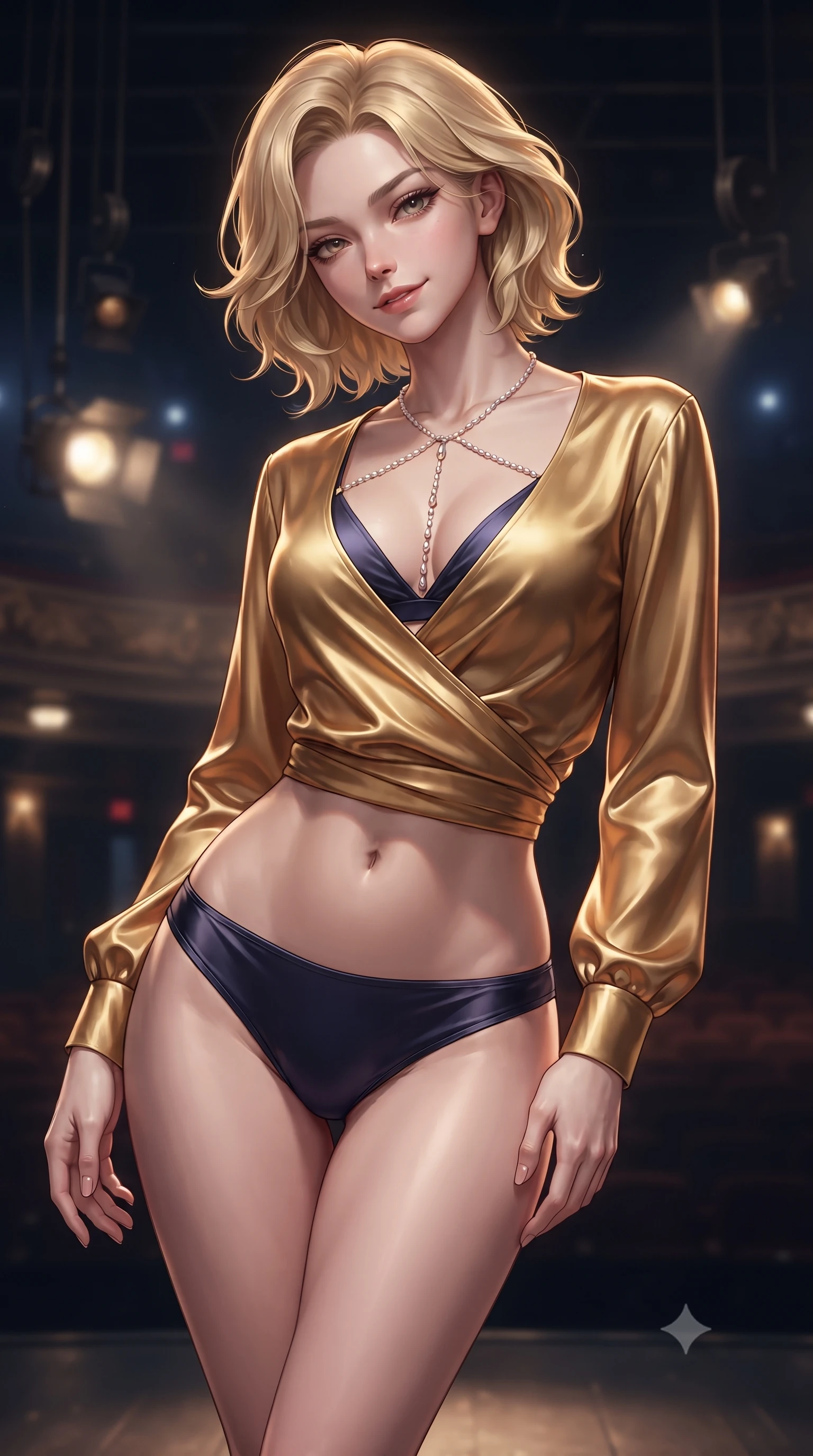 score_9, masterpiece, best quality, ultra-detailed, high-budget anime keyframe, editorial fashion photography, tasteful artistic composition, Caucasian woman. close-up cowboy shot from the waist and thighs up, the character dominates the composition, filling the frame with her large presence. tilting her head with a teasing half-smile, running one hand slowly down the side of her hip in a flirtatious S-curve as ambient light caresses her silhouette while twisting her slender torso in an alluring S-curve, theatrical stage spotlights casting dramatic shadows across her waist and hips. The background shows a soft-focus stage spotlights, counterweight pulleys, and distant auditorium rows below blurred into amber, cobalt, and smoky charcoal bokeh. She has an exceptionally elegant, slender, and willowy female figure with an ultra-slim waist, flat toned midriff, narrow ribcage, and sculpted feminine hips creating an alluring, slim hourglass silhouette without bulk. sharp v-shaped jawline, high-bridge nose, sparkling eyes with hypnotic seductive depth, thick curled eyelashes, glossy parted lips with a natural dewy peach sheen, alluring bedroom-eyes with an enchanting coquettish smile, exuding magnetic siren charisma and sophisticated glamour, flawlessly proportioned anatomical accuracy, strict slender model proportions, natural body alignment, perfectly sculpted long slender limbs, ultra-slim waistline, clean dynamic posture without body distortion. wearing a form-contouring ribbed knit dancer wrap top worn over a plunging silk bralette and low-rise satin briefs in molten liquid gold and midnight indigo, crafted from fluid liquid silk satin that clings smoothly to every curve with a dewy sheen, accented with a pearl-drop body harness subtly framing her dewy collarbones and spine, the second-skin tailored fabric adhering flawlessly to her sculpted flat midriff and slender torso, emphasizing her long leg lines and perfectly proportioned willowy build. illuminated by footlight bounce and sharp amber-gold rim lighting defining her razor-sharp jawline, ultra-slim waist, and curvy hips. ultra-reflective glossy finish, specular highlights, rich textural contrasts, high-contrast stereoscopic depth, volumetric dynamic lighting, 2k, ultra detail, master piece, 9:16 ratio