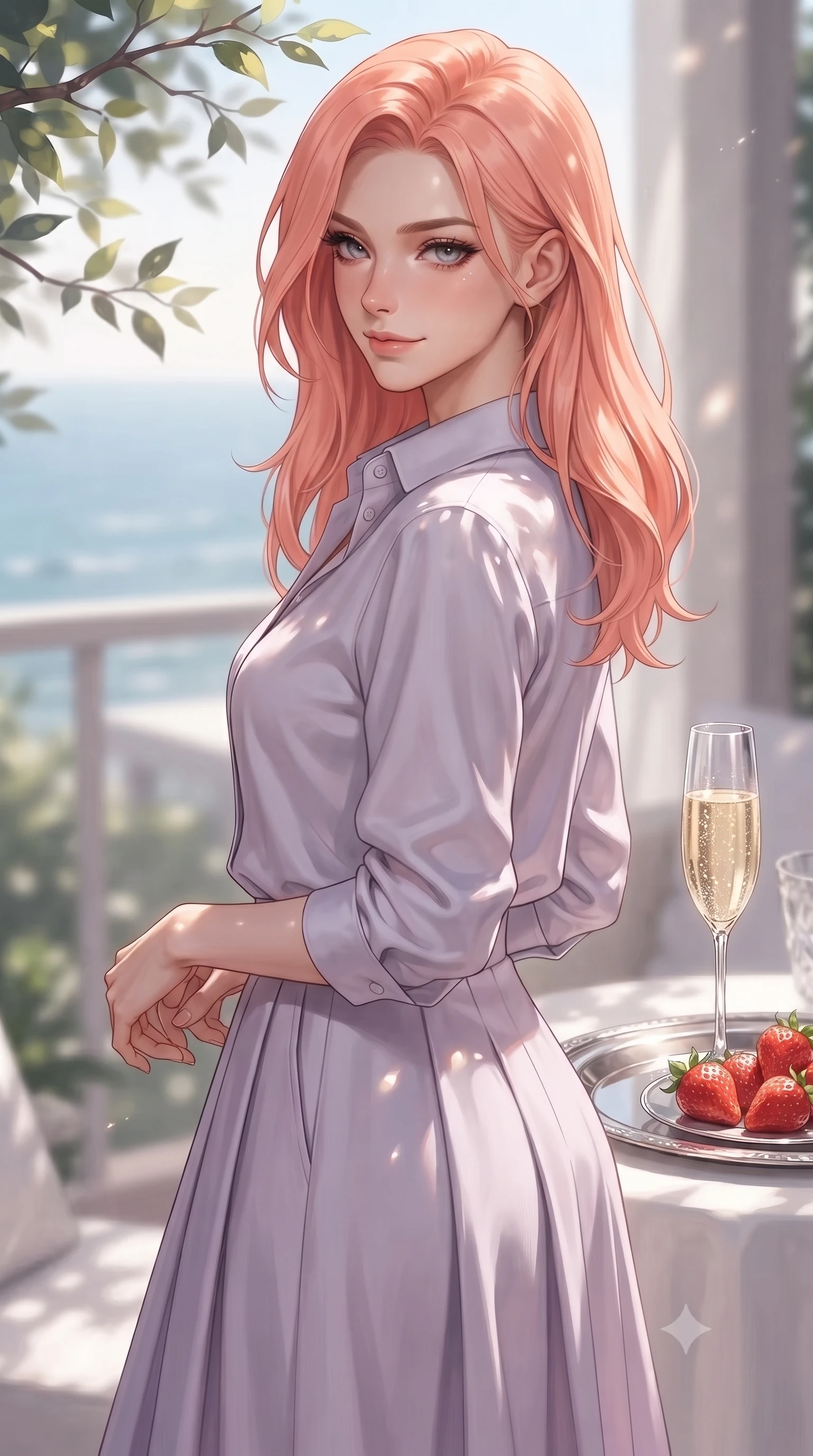 score_9, masterpiece, best quality, ultra-detailed, high-budget anime keyframe, editorial fashion photography, tasteful artistic composition, Japanese woman. close-up cowboy shot from the waist and thighs up, the character dominates the composition, filling the frame with her large presence, background elements kept in soft focus. glancing sidelong over her shoulder with an intoxicating, lingering stare and a subtle, knowing smile set against a soft-focus background of inside an exclusive oceanfront balcony with a crystal glass of sparkling champagne and fresh strawberries on a silver tray. She has an exceptionally elegant, slender, and willowy female figure with an ultra-slim waist, a gracefully sculpted slender torso, and a refined silhouette. sharp v-shaped jawline, high-bridge nose, intricate jewel-like eyes with depth, thick eyelashes, glossy lips with a natural sheen. wearing tailored pale lavender matte silk casual linen button-down shirt paired with a flowy pleated midi skirt featuring refined tailored seams. highlighted by dappled sunlight filtering through leafy branches, creating soft organic patterns. ultra-reflective glossy finish, specular highlights, metallic sheen, high-contrast stereoscopic depth, volumetric dynamic lighting, 2k, ultra detail, master piece, 9:16 ratio
