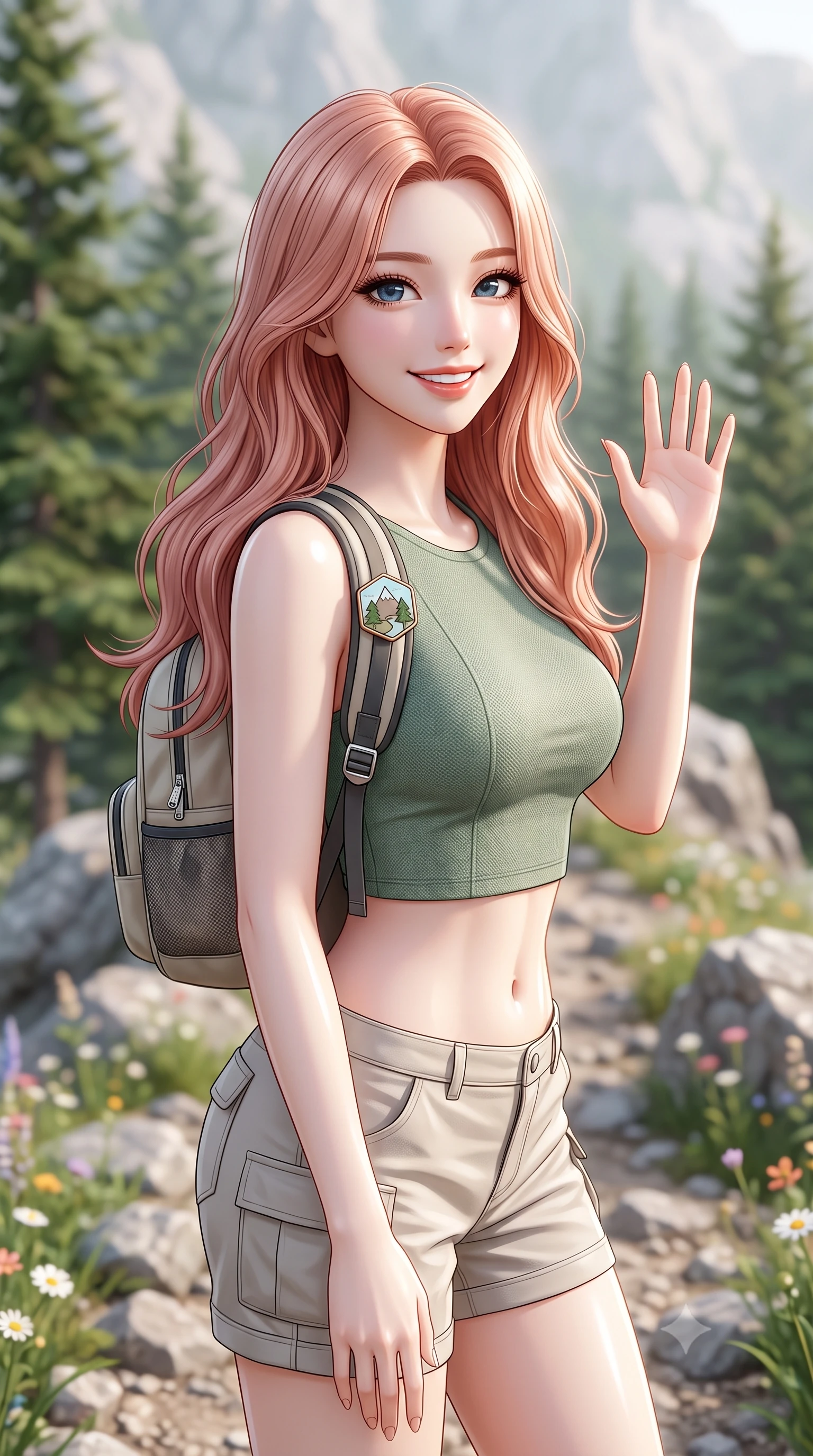score_9, masterpiece, best quality, ultra-detailed, high-budget anime keyframe, editorial fashion photography, tasteful artistic composition, Japanese woman. close-up cowboy shot from the waist and thighs up, the character dominates the composition, filling the frame with her large presence, background elements kept in soft focus. flashing a sweet, beaming smile while waving one hand gently toward the camera set against a soft-focus background of on a rocky ridge path with green pine trees and wildflowers carrying a small sporty backpack with a cute hiking badge. She has an exceptionally elegant, slender, and willowy female figure with an ultra-slim waist, a gracefully sculpted slender torso, and a refined silhouette. sharp v-shaped jawline, high-bridge nose, intricate jewel-like eyes with depth, thick eyelashes, glossy lips with a natural sheen. wearing tailored stylish crop top in sage green, paired with lightweight cargo shorts. soft diffused daylight creating a clean, high-key panoramic glow. ultra-reflective glossy finish, specular highlights, metallic sheen, high-contrast stereoscopic depth, volumetric dynamic lighting, 2k, ultra detail, master piece, 9:16 ratio