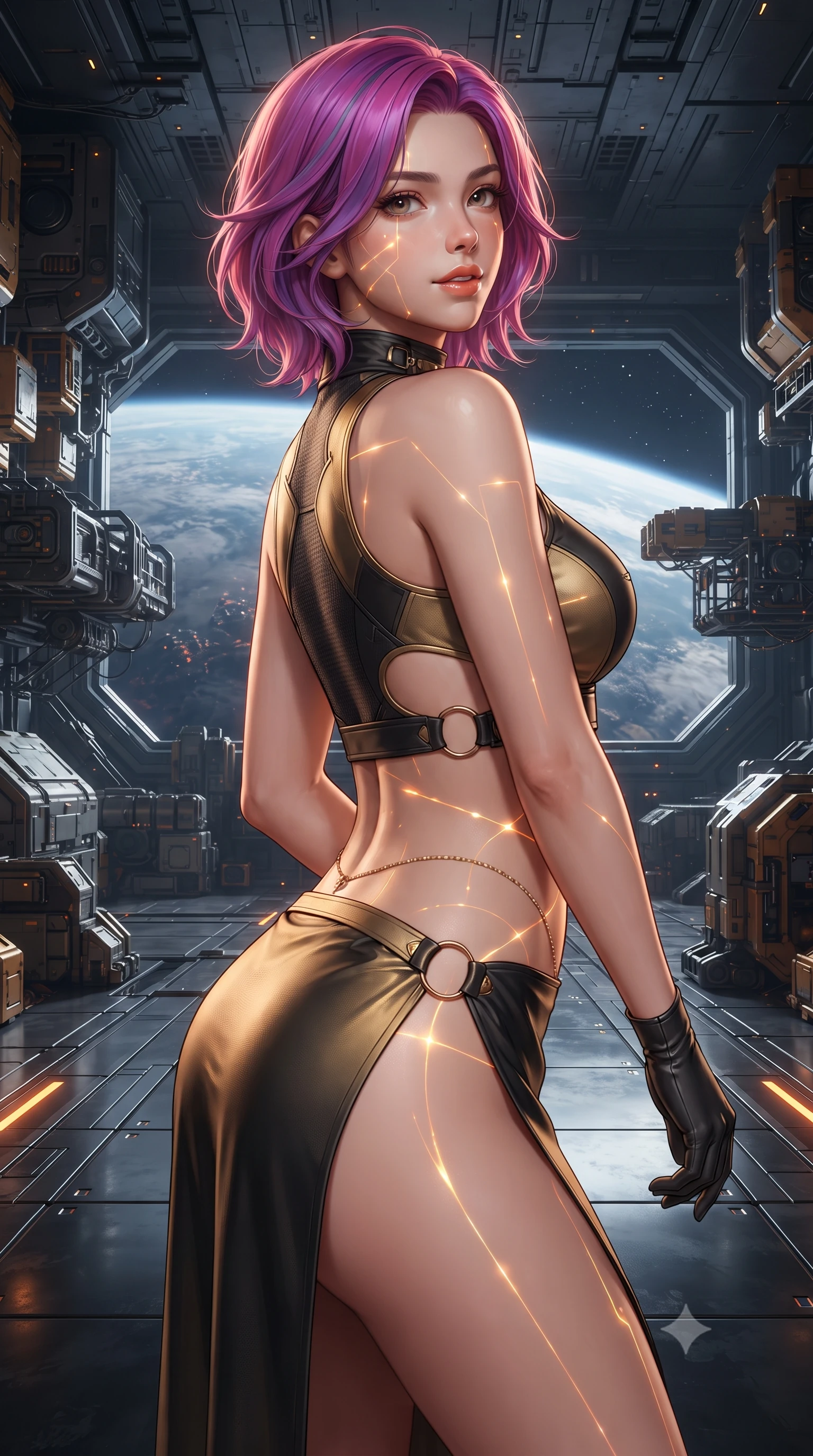 score_9, masterpiece, best quality, ultra-detailed, high-budget anime keyframe, editorial fashion photography, tasteful artistic composition, Caucasian woman. close-up cowboy shot from the waist and thighs up, the character dominates the composition, filling the frame with her large presence. posing in an alluring rear three-quarter angle, looking over a bare shoulder with parted glossy lips, her hips cocked back to highlight her slim hourglass curve while twisting her slender torso in an alluring S-curve, glowing amber diagnostic lasers and starlight painting sensual light ribbons across her flat midriff and hips. The surrounding environment is rendered in vivid detail and crisp panoramic clarity: detailed garment construction, tactical leather sheen, and monumental orbital weapons bay in high resolution. She has an exceptionally elegant, slender, and willowy female figure with an ultra-slim waist, flat toned midriff, narrow ribcage, and sculpted feminine hips creating an alluring, slim hourglass silhouette without bulk. sharp v-shaped jawline, high-bridge nose, intricate jewel-like sparkling eyes with depth, thick eyelashes, glossy parted lips with a natural peach sheen, bright cheerful beaming smile with an enchanting and coquettish sensual glint, exuding both youthful cute charm and seductive allure, flawlessly proportioned anatomical accuracy, strict slender model proportions, natural body alignment, perfectly sculpted long slender limbs, ultra-slim waistline, clean dynamic posture without body distortion. wearing an alluring tactical crop top with asymmetrical side-rib cutouts and high-neck collar paired with a high-slit wrap skirt in solar-wind gold and deep space void black, adorned with delicate chrome ring hardware and cutouts along her slender waist, accented with a dainty gold belly chain resting across her flat midriff and curving hips, the glove-like clinging cut tightly following the natural contour of her hips and long slender legs with youthful 8.5-heads elegance. illuminated by dark titanium floor reflection bounce and sharp platinum-amber rim lights sculpting her jawline, narrow waist, and curvy hips. ultra-reflective glossy finish, specular highlights, rich textural contrasts, high-contrast stereoscopic depth, volumetric dynamic lighting, 2k, ultra detail, master piece, 9:16 ratio