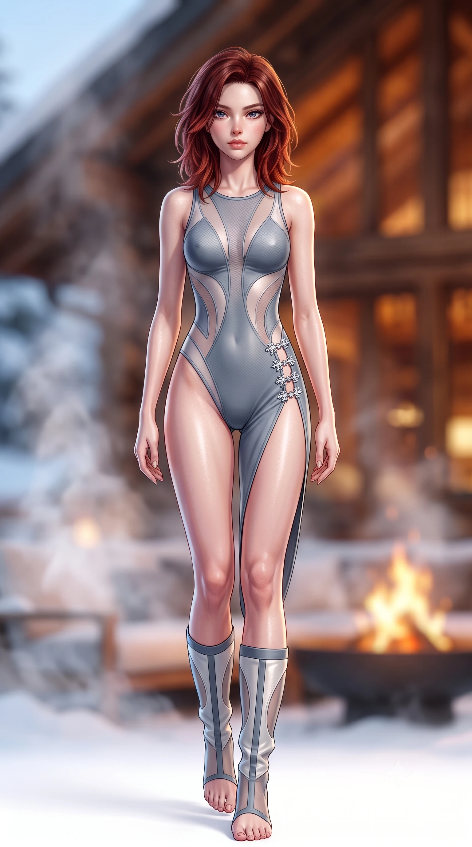 score_9, masterpiece, best quality, ultra-detailed, high-budget anime keyframe, semi-realistic 3D game render, editorial fashion photography, tasteful artistic composition, Korean woman. low angle full-body shot from head to toe showing her feet, filling the entire 9:16 vertical frame with her statuesque presence, stretching her vertical silhouette. striding forward in a proud, dynamic supermodel runway stride, hips swaying in an alluring kinetic rhythm that stretches her silhouette while reclining on an outdoor snow-view fur lounge daybed as steam rises, stretching her long slender legs in seductive comfort. The composition keeps background elements in soft focus with creamy bokeh. warm glowing chalet timber interiors and outdoor fire pit flames softened in cozy shallow depth of field. She has an absolutely perfect, statuesque 8.5-heads proportion, an exceptionally tall and slender model-like female figure with impossibly long slender legs, a toned flat midriff, and an ultra-slim waist. sharp v-shaped jawline, high-bridge nose, intricate jewel-like eyes with depth, thick eyelashes, glossy parted lips with a natural sheen, intensely captivating and seductive expression, flawlessly proportioned anatomical accuracy, strict slender model proportions, natural body alignment, perfectly sculpted long slender limbs, ultra-slim waistline, clean dynamic posture without body distortion. wearing a cutout polar techwear bodysuit with sheer thermal mesh panels and snow gaiter boots in winter slate grey and pearl luster, made of thermal technical mesh with sheer ventilation panels, accented with an ultra-high side slit secured by crystal snowflake clasps, the liquid-tight tailored fabric emphasizing every curve of her tall, slender model proportions and sculptured silhouette during dynamic movement. surrounded by a glamorous, elite, and heart-meltingly alluring winter sanctuary goddess aura. highly saturated vibrant anime colors, detailed shading with soft gradients, rich glossy textures, high-contrast stereoscopic depth, volumetric dynamic lighting, master piece, 9:16 ratio