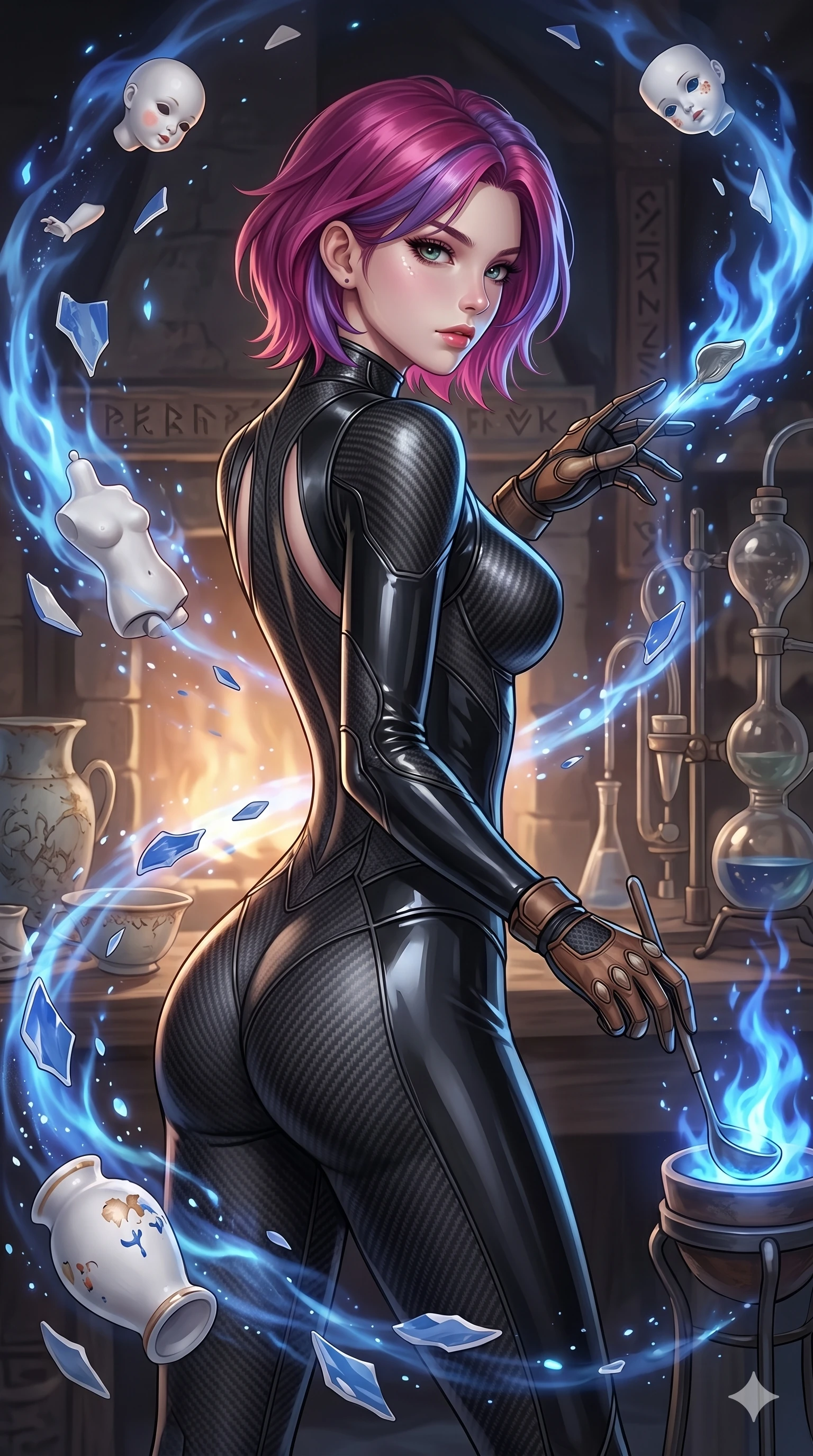 score_9, masterpiece, best quality, ultra-detailed, high-budget anime keyframe, Caucasian woman, strictly human ears. upper body close-up from the thighs up, character filling the screen for maximum presence. assisting in an alchemical porcelain workshop where floating white bisque doll parts and blue porcelain shards swirl amidst blue alchemical flames. She has an absolutely perfect 8-heads proportion, an exceptionally tall and slender female figure with impossibly long slender legs and an ultra-slim waist. V-shaped jawline, high-bridge nose, intricate jewel-like eyes with depth, thick eyelashes, glossy lips with a natural sheen.. wearing a second-skin carbon fiber combat suit, featuring matte carbon fiber and glossy latex panels with elegant slitted cutouts on the upper back. lit by a soft glowing ambient light and a sharp side key light that traces the sleek contours of her athletic build. 2k, ultra detail, master piece, 9:16 ratio