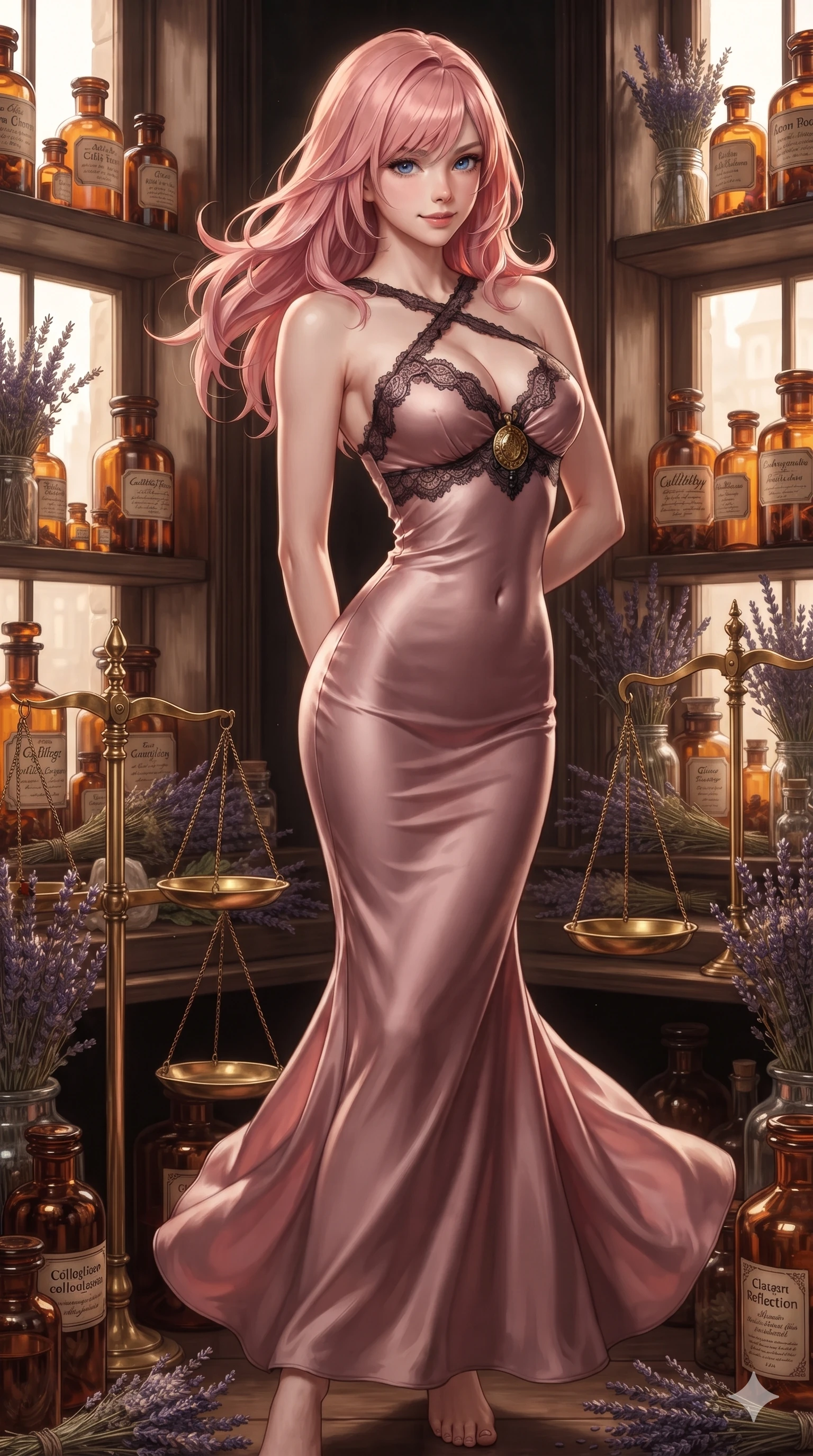 score_9, masterpiece, best quality, ultra-detailed, high-budget anime keyframe, editorial fashion photography, tasteful artistic composition, Japanese woman. low angle full-body shot from head to toe showing her feet, filling the entire 9:16 vertical frame with her statuesque presence, stretching her vertical silhouette. executing a slow, graceful pivot turn as her skirt sways around her slender legs, glancing back with an enchanting, teasing sensual expression while twisting her slender torso in an alluring contrapposto stance, brass balance scale and dried herbs framing her flat midriff and hips. The surrounding environment is rendered in vivid detail and crisp panoramic clarity: sharp amber glass bottle facets and calligraphy labels, dried lavender bud clusters, and polished brass scale pans in deep focus. She has an absolutely perfect, statuesque 8.5-heads proportion, an exceptionally tall and slender model-like female figure with impossibly long slender legs, an ultra-slim waist, a flat toned midriff, narrow delicate ribcage, and beautifully sculpted feminine hips creating a graceful, slim hourglass silhouette without any bulky heaviness. sharp v-shaped jawline, high-bridge nose, sparkling eyes with hypnotic seductive depth, thick curled eyelashes, glossy parted lips with a natural dewy peach sheen, alluring bedroom-eyes with an enchanting coquettish smile, exuding magnetic siren charisma and sophisticated glamour, flawlessly proportioned anatomical accuracy, strict slender model proportions, natural body alignment, perfectly sculpted long slender limbs, ultra-slim waistline, clean dynamic posture without body distortion. wearing a slinky deep sweetheart-neckline silk jersey dress with criss-cross halter straps in dusky blush rose and antique black chantilly lace, crafted from fluid liquid silk satin that clings smoothly to every curve with a dewy sheen, finished with an authentic engraved gold medallion and obsidian cabochons, the liquid-tight tailored fabric clinging flawlessly to her narrow waist and rounded feminine hips, emphasizing every millimeter of her sculpted slim hourglass curves without any bulky heaviness. bathed in rich amber light glowing through dozens of liquid-filled glass bottles on sunlit window sills. ultra-reflective glossy finish, specular highlights, rich textural contrasts, high-contrast stereoscopic depth, volumetric dynamic lighting, 2k, ultra detail, master piece, 9:16 ratio