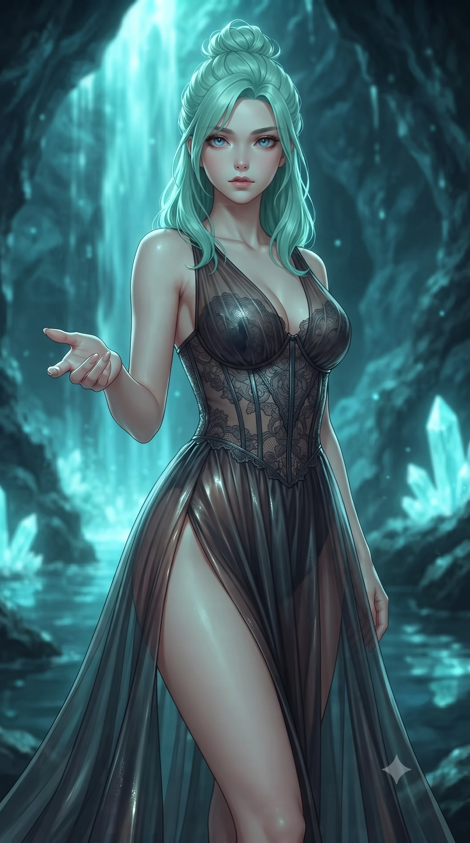 score_9, masterpiece, best quality, ultra-detailed, high-budget anime keyframe, editorial fashion photography, tasteful artistic composition, Japanese woman woman. close-up cowboy shot from the waist and thighs up, the character dominates the composition, filling the frame with her large presence, background elements kept in soft focus. She has an exceptionally elegant, slender, and willowy female figure with an ultra-slim waist, a gracefully sculpted slender torso, and a refined silhouette. reaching one hand toward the viewer with relaxed elegance, her gaze holding quiet authority, flawlessly proportioned anatomical accuracy, natural body alignment, perfectly sculpted elegant limbs, clean dynamic posture without body distortion. set against a soft-focus background of a hidden cave with cascading luminescent water and crystal quartz. wearing a dark sheer tulle evening gown with an intricate lace corset and daring thigh-high slit. bathed in glowing aqua bioluminescence reflecting off wet rock walls. ultra-reflective glossy finish, specular highlights, metallic sheen, high-contrast stereoscopic depth, volumetric dynamic lighting, 2k, ultra detail, master piece, 9:16 ratio