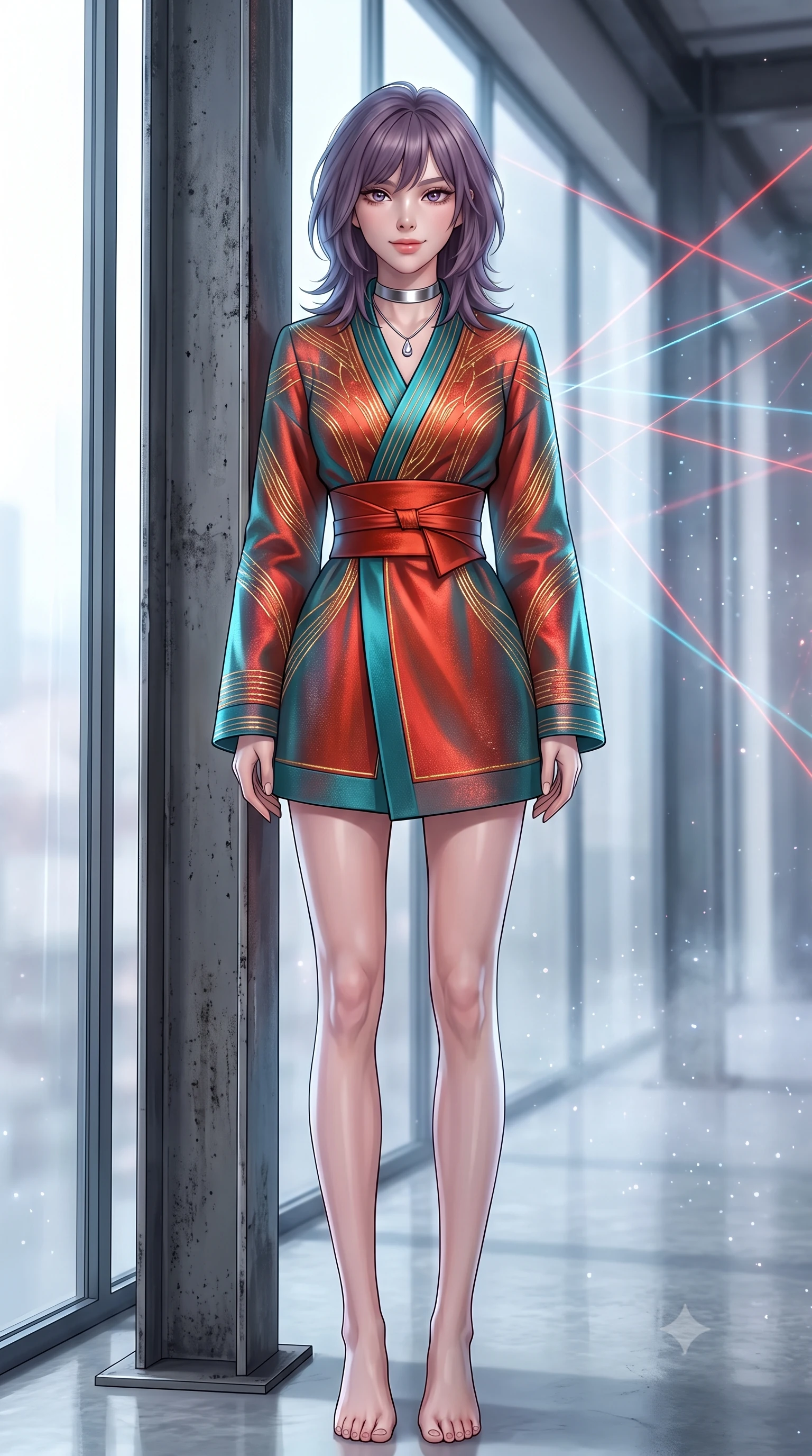 score_9, masterpiece, best quality, ultra-detailed, high-budget anime keyframe, editorial fashion photography, tasteful artistic composition, Japanese woman. low angle full-body shot from head to toe showing her feet, filling the entire 9:16 vertical frame with her statuesque presence, stretching her vertical silhouette. posing in a classic haute-couture S-curve stance beside the floor-to-ceiling window, looking over a bare shoulder with magnetic presence while leaning against the raw steel support column with hips cocked back, looking through geometric laser projections with intoxicating bedroom-eyes. The background shows a soft-focus laser haze particles softened in avant-garde fashion atelier shallow focus. She has an exceptionally tall and slender model-like 8.5-heads proportion, an ultra-slim waist, a flat toned midriff, narrow delicate ribcage, and beautifully sculpted feminine hips creating a graceful, slim hourglass silhouette without any bulky heaviness, with impossibly long slender legs. sharp v-shaped jawline, high-bridge nose, intricate jewel-like sparkling eyes with depth, thick eyelashes, glossy parted lips with a natural peach sheen, bright cheerful beaming smile with an enchanting and coquettish sensual glint, exuding both youthful cute charm and seductive allure, flawlessly proportioned anatomical accuracy, strict slender model proportions, natural body alignment, perfectly sculpted long slender limbs, ultra-slim waistline, clean dynamic posture without body distortion. wearing an elegant high-neck cyber-kimono coat with integrated gold fiber-optic embroidery and wide obi belt in cyber-shinto vermilion and electric teal, tailored from high-density tech-wool with subtle metallic thread weave, finished with a minimalist chrome choker and a single teardrop diamond pendant, the impeccably tailored cut draping gracefully along her slender figure with aristocratic poise. illuminated by epoxy floor reflection bounce and sharp platinum rim lights sculpting her jawline, narrow waist, and curvy hips. ultra-reflective glossy finish, specular highlights, rich textural contrasts, high-contrast stereoscopic depth, volumetric dynamic lighting, 2k, ultra detail, master piece, 9:16 ratio