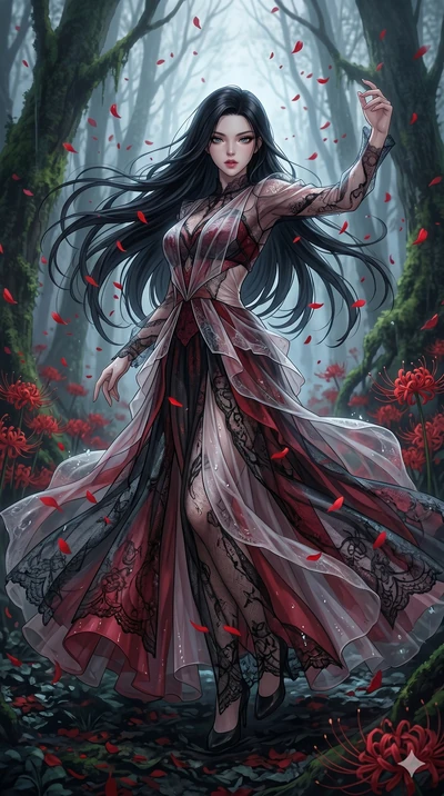 score_9, masterpiece, best quality, ultra-detailed, High-budget Anime Keyframe, East Asian woman. Low angle cowboy shot filling the entire 9:16 frame with her statuesque presence. Scenario 285: Dancing amidst falling red spider lilies in a misty dark