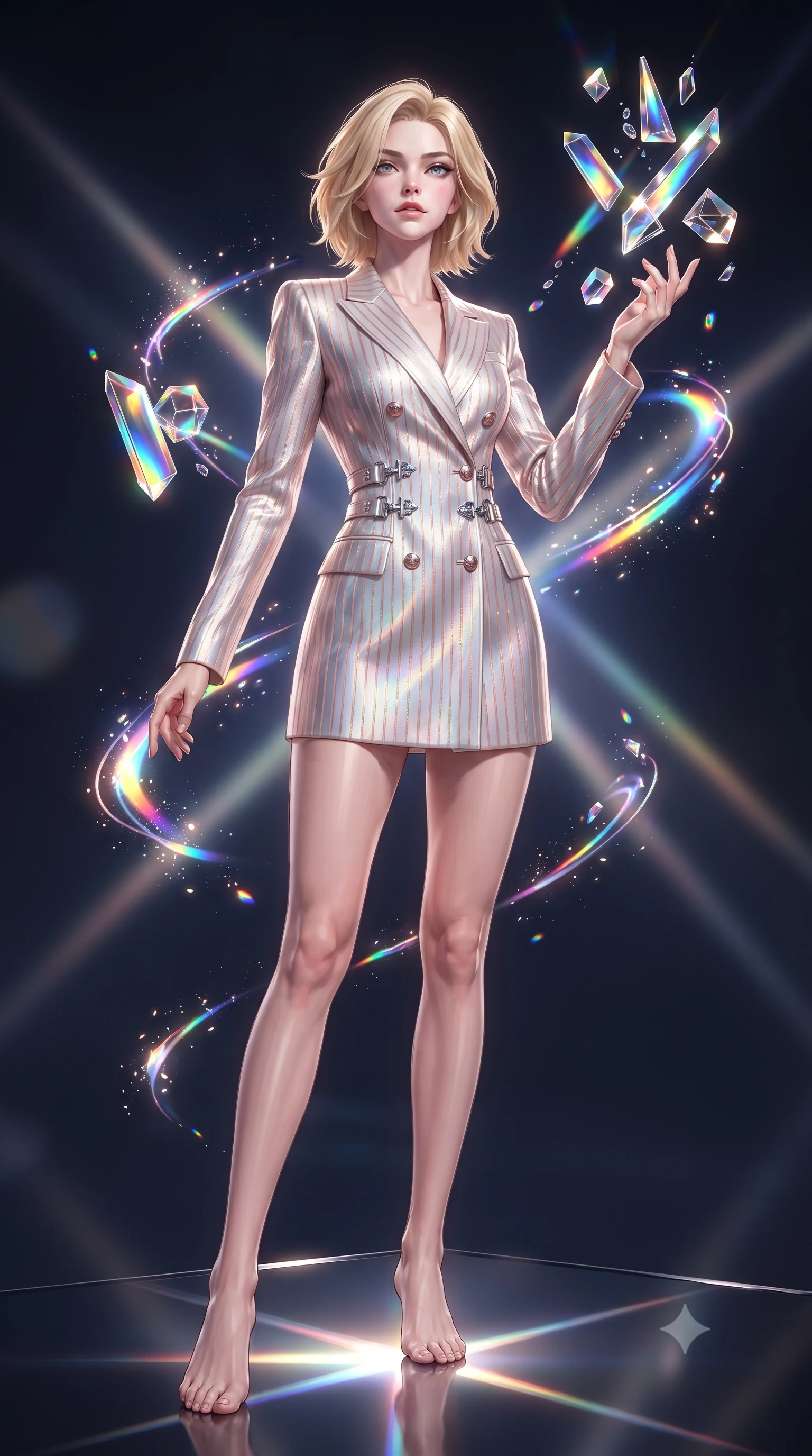 score_9, masterpiece, best quality, ultra-detailed, high-budget anime keyframe, editorial fashion photography, tasteful artistic composition, Caucasian woman. low angle full-body shot from head to toe showing her feet, filling the entire 9:16 vertical frame with her statuesque presence, stretching her vertical silhouette. interacting gracefully with the magical floating elements while maintaining a confident posture interacting with floating glass prisms that refract liquid light into rainbows, glowing neon brushstrokes floating poetically around her silhouette. She has an absolutely perfect, statuesque 8.5-heads proportion, an exceptionally tall and slender model-like female figure with impossibly long slender legs and an ultra-slim waist. sharp v-shaped jawline, high-bridge nose, intricate jewel-like eyes with depth, thick eyelashes, glossy lips with a natural sheen. wearing a double-breasted blazer dress with metallic pin-stripes in pearl white and rose gold, crafted from iridescent chiffon that shifts colors in the light, detailed with polished silver buckles along the waistline, the glove-like fit emphasizing her statuesque silhouette. illuminated by brilliant multi-color rainbow light refracting through glass. ultra-reflective glossy finish, specular highlights, metallic sheen, high-contrast stereoscopic depth, volumetric dynamic lighting, 2k, ultra detail, master piece, 9:16 ratio