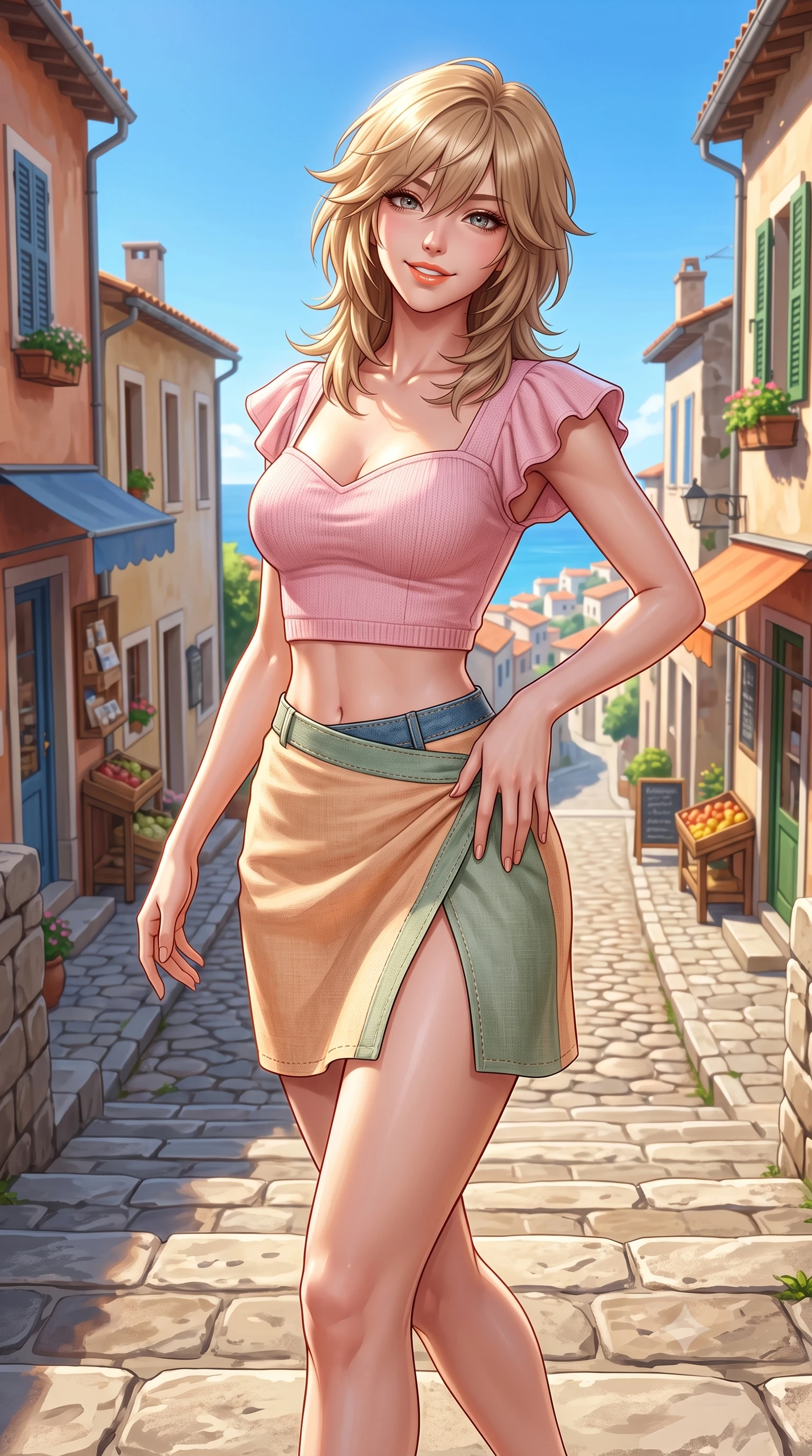 score_9, masterpiece, best quality, ultra-detailed, high-budget anime keyframe, semi-realistic 3D game render, editorial fashion photography, tasteful artistic composition, Japanese woman. close-up cowboy shot from the waist and thighs up, the character dominates the composition, filling the frame with her large presence. tilting her head with a cute beaming smile while arching her spine with effortless dancer poise, one hand sliding along her hip line in a flirtatious S-curve while walking down the stone steps with sovereign grace, her trendy form-contouring real-way outfit hugging her narrow waist and feminine hips. The surrounding environment is rendered in vivid detail and crisp panoramic clarity. detailed denim and knit outfit texture, golden sun specular glints on skin, and Village streetscape clarity in high resolution. She has an exceptionally elegant, slender, and willowy female figure with an ultra-slim waist, flat toned midriff, narrow ribcage, and sculpted feminine hips creating an alluring, slim hourglass silhouette without bulk. sharp v-shaped jawline, high-bridge nose, intricate jewel-like sparkling eyes with depth, thick eyelashes, glossy parted lips with a natural peach sheen, bright cheerful beaming smile with an enchanting and coquettish sensual glint, exuding both youthful cute charm and seductive allure, flawlessly proportioned anatomical accuracy, strict slender model proportions, natural body alignment, perfectly sculpted long slender limbs, ultra-slim waistline, clean dynamic posture without body distortion. wearing a sweetheart-neckline baby-pink crop top with a high-slit wrap mini skirt accentuating her waist-to-hip curve in soft apricot and sage green, crafted from soft breathable linen with effortless natural drape, featuring elegant flutter sleeves and a graceful square neckline, the high-waisted tailoring accentuating her ultra-slim waistline and the enchanting curve of her feminine hips with alluring charm. illuminated by warm sandstone stoop bounce light contouring her razor-sharp jawline, narrow waist, and curvy hips. highly saturated vibrant anime colors, detailed shading with soft gradients, rich glossy textures, high-contrast stereoscopic depth, volumetric dynamic lighting, master piece, 9:16 ratio