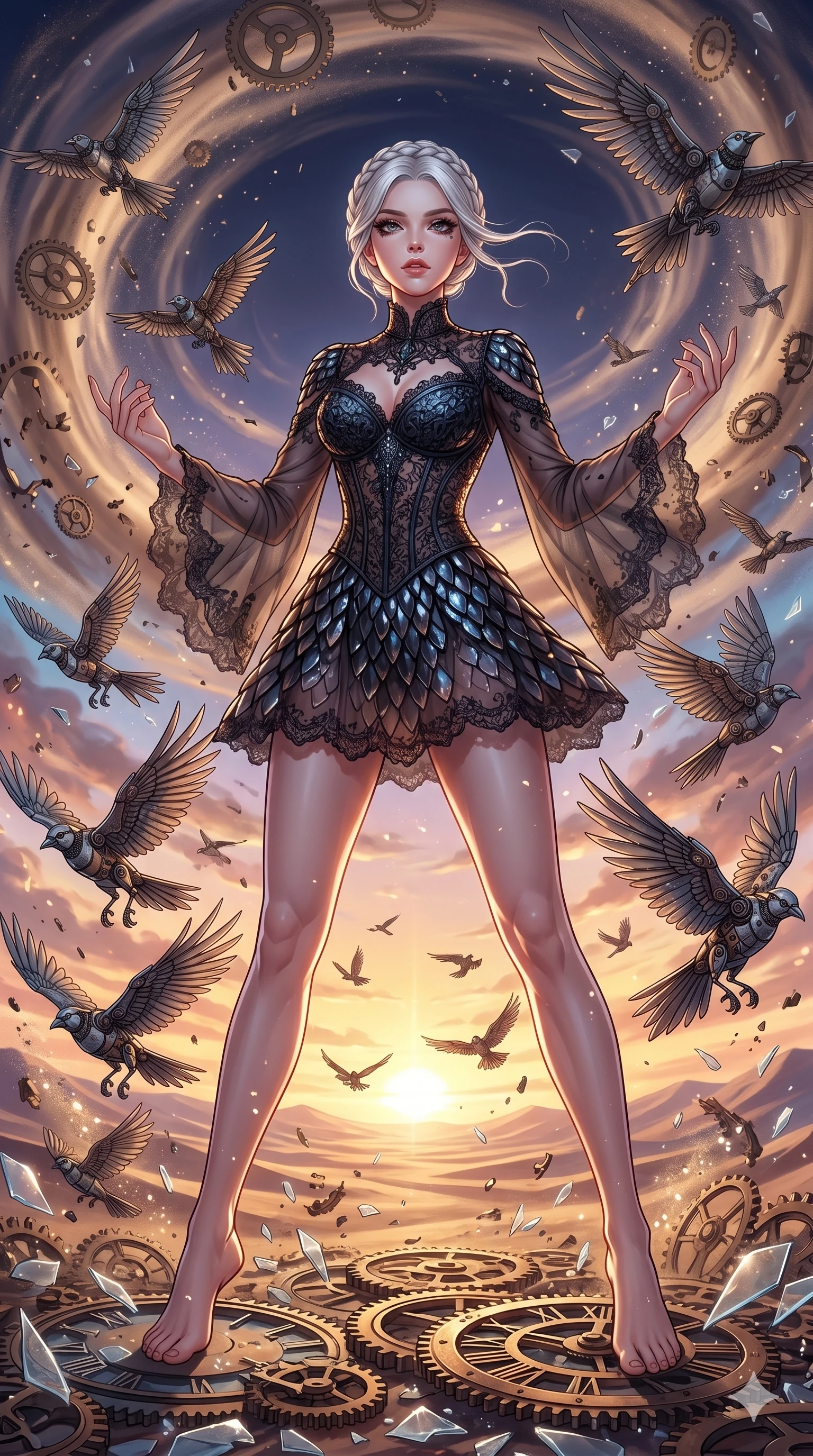 score_9, masterpiece, best quality, ultra-detailed, Set A: High-budget Anime Keyframe, Caucasian (strictly human ears) woman. Low angle cowboy shot filling the entire 9:16 frame with her statuesque presence. Standing victoriously through a clockwork desert, surrounded by a whirlwind of 142 mechanical birds and surrounded by shattered glass fragments. She has an absolutely perfect 8-heads proportion, an exceptionally tall and slender female figure with impossibly long slender legs and an ultra-slim waist. Sharp v-shaped jawline, high-bridge nose, intricate jewel-like eyes with depth, thick eyelashes, glossy lips with a natural sheen. Wearing Gothic lace corset mini-dress with sheer bell-sleeves and obsidian glass scales. Cinematic lighting, vibrant colors, dramatic shadows, 2k, ultra detail, master piece, 9:16 ratio