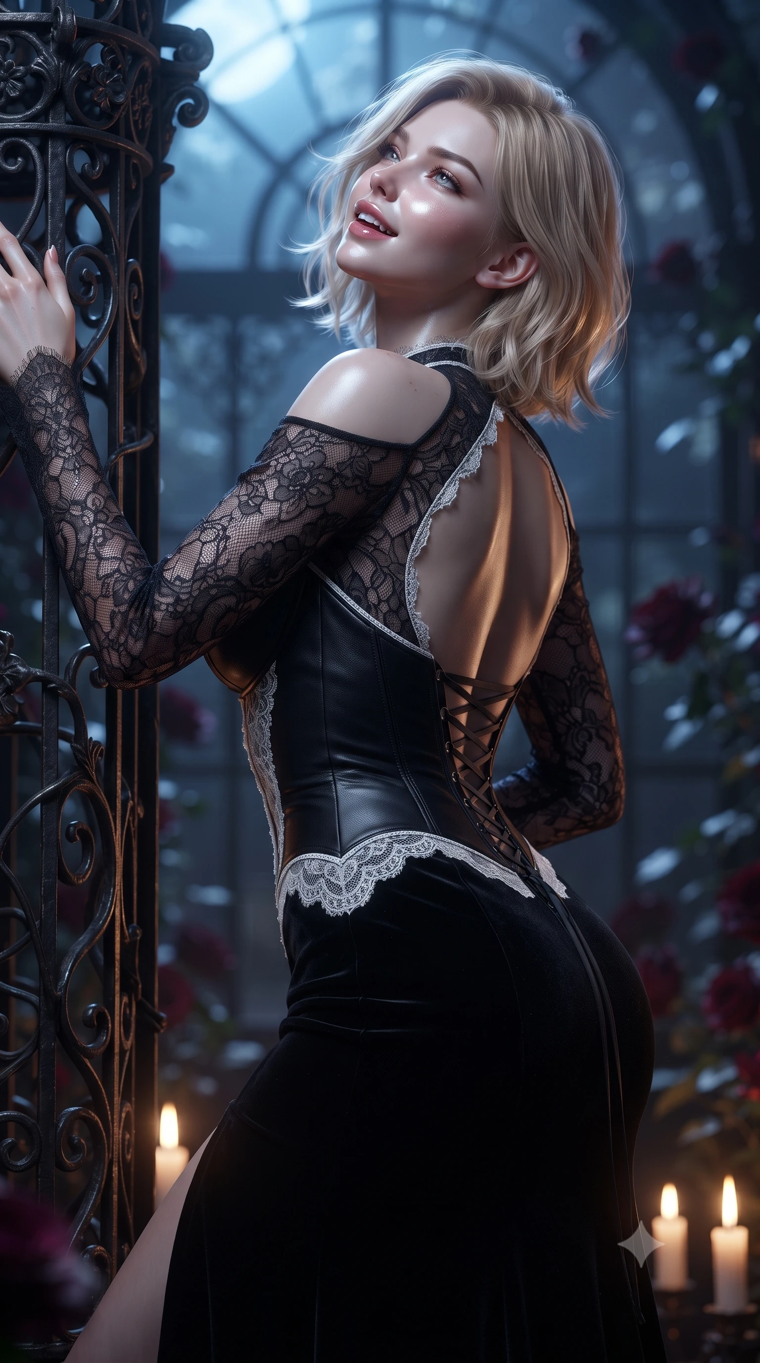 score_9, masterpiece, best quality, ultra-detailed, high-budget anime keyframe, editorial fashion photography, tasteful artistic composition, Caucasian woman. close-up cowboy shot from the waist and thighs up, the character dominates the composition, filling the frame with her large presence. laughing softly with enchanting, forbidden warmth, parted lips glistening as specular highlights illuminate her sculpted cheeks while leaning back against an ornate wrought-iron conservatory pillar, head tilted in ecstasy with parted glossy lips. The composition keeps background elements in soft focus with creamy bokeh. moonlit orangerie glass framework and blooming black rose petals blurred into deep obsidian, wine-ruby, and lunar-silver bokeh. She has an exceptionally elegant, slender, and willowy female figure with an ultra-slim waist, a gracefully sculpted slender torso, toned flat midriff, and a refined slim silhouette. sharp v-shaped jawline, high-bridge nose, intricate jewel-like eyes with depth, thick eyelashes, glossy parted lips with a natural sheen, intensely captivating and seductive expression, flawlessly proportioned anatomical accuracy, strict slender model proportions, natural body alignment, perfectly sculpted long slender limbs, ultra-slim waistline, clean dynamic posture without body distortion. wearing a dark romantic lace-sleeved evening gown with a plunging neckline and bare shoulders in high-contrast black velvet and pearl white, crafted from supple second-skin lambskin leather with specular sheen, accented with criss-cross corset back lacing highlighting her graceful shoulder blades, the dramatically scooped open back descending to the base of her spine, accentuating her razor-sharp statuesque lines and slim hourglass silhouette. bathed in cold lunar moonlight from above and warm flickering candle uplights from below. ultra-reflective glossy finish, specular highlights, rich textural contrasts, high-contrast stereoscopic depth, volumetric dynamic lighting, 2k, ultra detail, master piece, 9:16 ratio