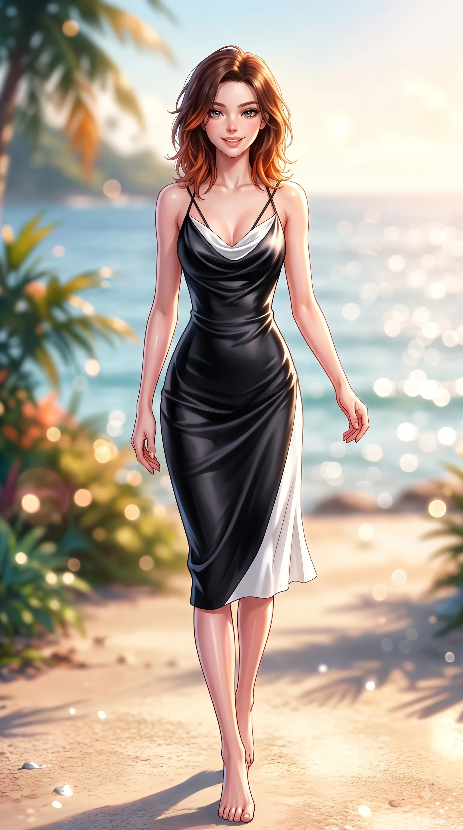 score_9, masterpiece, best quality, ultra-detailed, high-budget anime keyframe, editorial fashion photography, tasteful artistic composition, Korean woman. low angle full-body shot from head to toe showing her feet, filling the entire 9:16 vertical frame with her statuesque presence, stretching her vertical silhouette. stepping forward gracefully in mid-motion with a delighted cute expression, displaying her statuesque model proportions while strolling along a sun-drenched island path with the sparkling sea stretching into the distance. The composition keeps background elements in soft focus with dreamy bokeh. warm tropical ocean light reflecting off water droplets blurred into a soft backdrop. She has an absolutely perfect, statuesque 8.5-heads proportion, an exceptionally tall and slender model-like female figure with impossibly long slender legs and an ultra-slim waist. sharp v-shaped jawline, high-bridge nose, intricate jewel-like eyes with depth, thick eyelashes, glossy lips with a natural sheen, flawlessly proportioned anatomical accuracy, natural body alignment, perfectly sculpted elegant limbs, clean dynamic posture without body distortion. wearing an elegant cowl-neck silk satin midi dress with a graceful draped neckline in sleek jet black and pure white contrast, made of premium stretch jersey that follows her curves like a glove, finished with delicate criss-cross back straps highlighting her bare shoulders, the elegant draped fit framing her graceful clavicle and slender torso. bathed in bright tropical sunshine and glittering ocean water refractions. highly saturated vibrant anime colors, detailed shading with soft gradients, rich glossy textures, high-contrast stereoscopic depth, volumetric dynamic lighting, master piece, 9:16 ratio