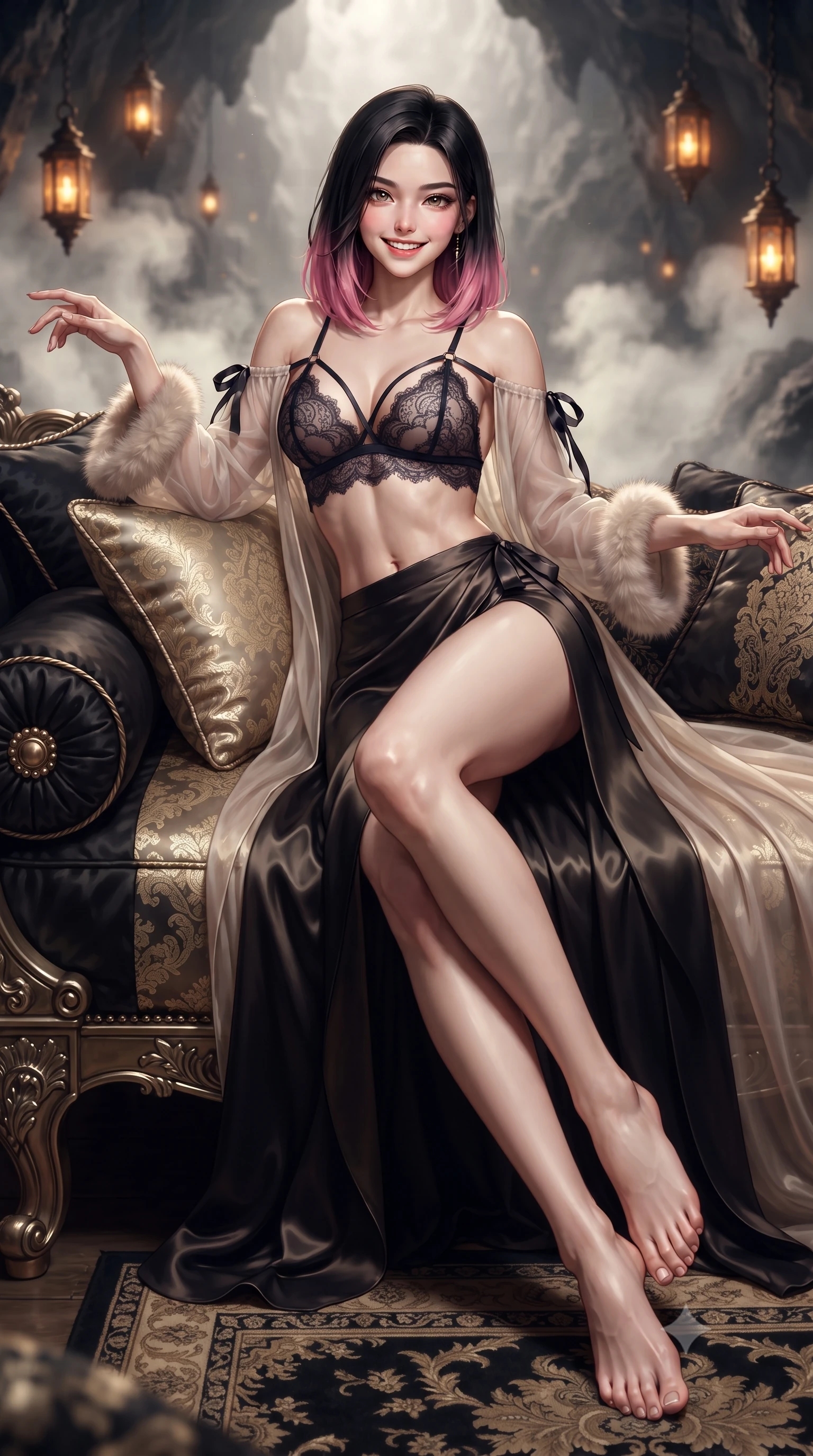 score_9, masterpiece, best quality, ultra-detailed, high-budget anime keyframe, editorial fashion photography, tasteful artistic composition, Korean woman. low angle full-body shot from head to toe showing her feet, filling the entire 9:16 vertical frame with her statuesque presence, stretching her vertical silhouette. lounging on the lavish daybed with legs crossed and hips angled toward the camera, displaying her toned midriff and long slender limbs with effortless siren poise while twisting her slender torso in an alluring contrapposto stance, hanging amber lanterns casting liquid highlights across her flat midriff. The background shows a soft-focus billowing sulfur thermal vapor softened in wild volcanic cave retreat shallow focus. She has an exceptionally tall and slender model-like 8.5-heads proportion, an ultra-slim waist, a flat toned midriff, narrow delicate ribcage, and beautifully sculpted feminine hips creating a graceful, slim hourglass silhouette without any bulky heaviness, with impossibly long slender legs. sharp v-shaped jawline, high-bridge nose, intricate jewel-like sparkling eyes with depth, thick eyelashes, glossy parted lips with a natural peach sheen, bright cheerful beaming smile with an enchanting and coquettish sensual glint, exuding both youthful cute charm and seductive allure, flawlessly proportioned anatomical accuracy, strict slender model proportions, natural body alignment, perfectly sculpted long slender limbs, ultra-slim waistline, clean dynamic posture without body distortion. wearing a delicate translucent cashmere-gauze boudoir robe with faux-fur trimmed cuffs slipping off bare shoulders over a strappy lace bralette in deep midnight obsidian black and liquid champagne gold, crafted from fluid liquid silk satin that clings smoothly to her narrow waist and rounded hips with a dewy sheen, finished with satin ribbon ties at the shoulders fluttering in the gentle breeze, the high-slit wrap tailoring accentuating her ultra-slim waistline and the enchanting curve of her feminine hips with alluring seductive charm. illuminated by thermal spring caustics bounce and sharp flame-gold rim lights sculpting her jawline, narrow waist, and curvy hips. ultra-reflective glossy finish, specular highlights, rich textural contrasts, high-contrast stereoscopic depth, volumetric dynamic lighting, 2k, ultra detail, master piece, 9:16 ratio